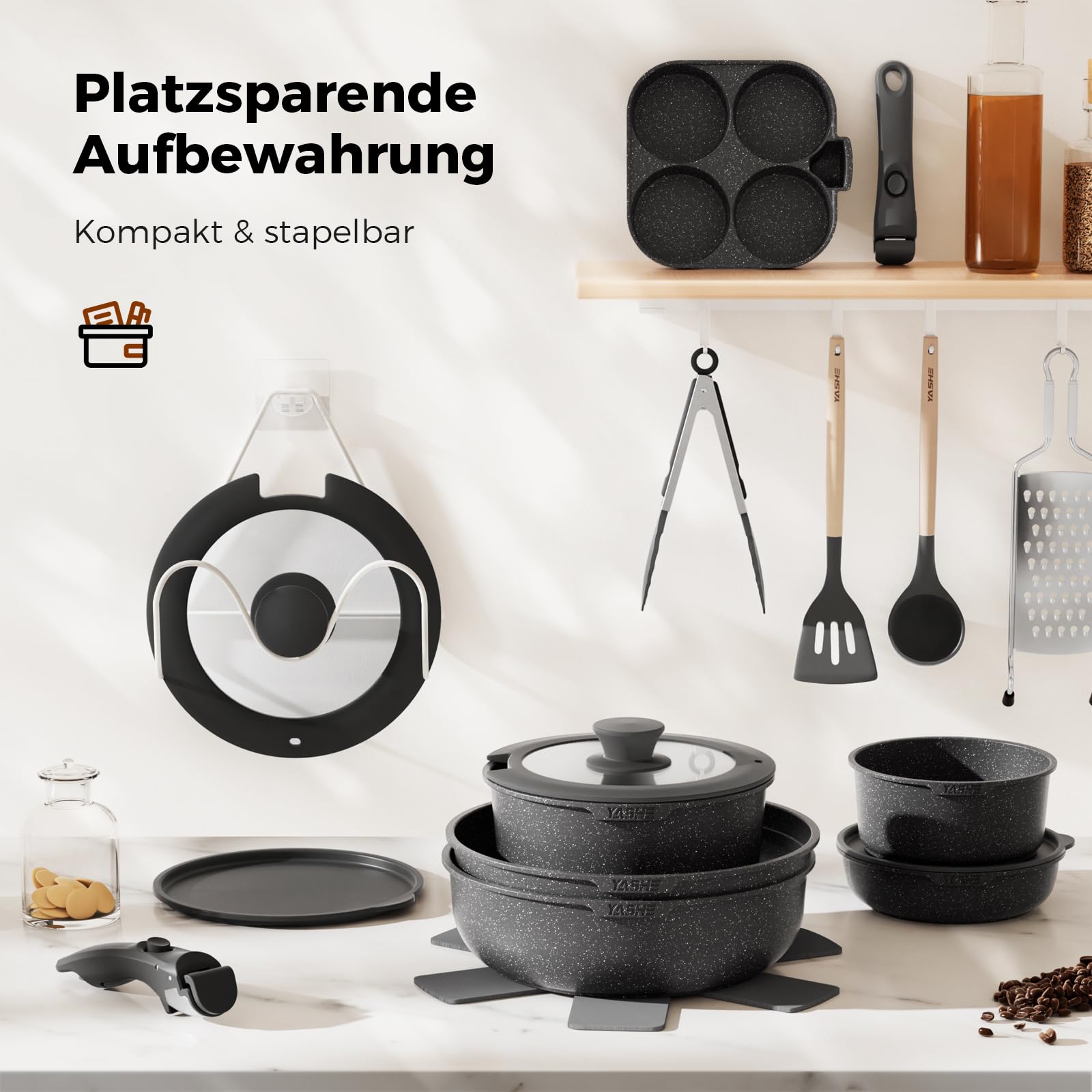 YASHE 20-teiliges Topfset mit Antihaftbeschichtung, abnehmbare Griffe, induktionsgeeignet, Backofen bis 230 °C, spülmaschinenfest, stapelbar, ideal für Familien, Grau