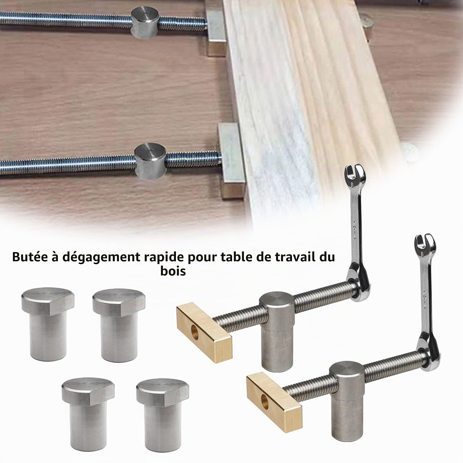 Lot de 6 pinces pour établi de table avec arrêts de banque, étau de travail du bois, pince à fixation rapide, pince à fixation rapide, pince de banc pour trou de 20 mm