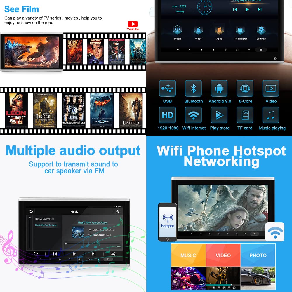 13.3 inch Reproductor de vídeo WiFi con reposacabezas de coche HD 1080P, monitores de TV para asiento trasero de coche con Android 9,0, monitor multimedia con pantalla táctil IPS, 2GB+32GB