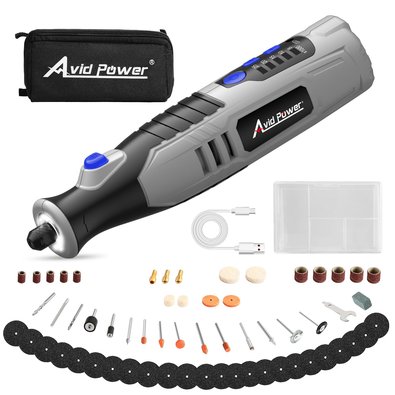 Cordless Rotary Tool 2.0 Ah 8V Rechargeable Rotary Tool, 4 Front LED Lights, 5 Speeds, 60 Pcs Rotary Accessories with Bag for Carving, Engraving, Sandng, Polishing and Cutting - Grey