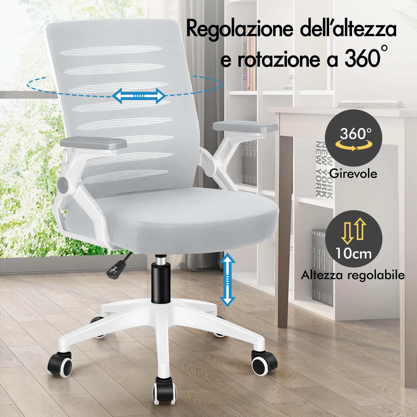 ALFORDSON Sedia Ufficio Ergonomica con Braccioli Pieghevoli Bianca e grigia | Poltrona Scrivania Girevoli in Rete Serie WALE, Funzione di Inclinazione, Portata 150 kg, Altezza regolabile