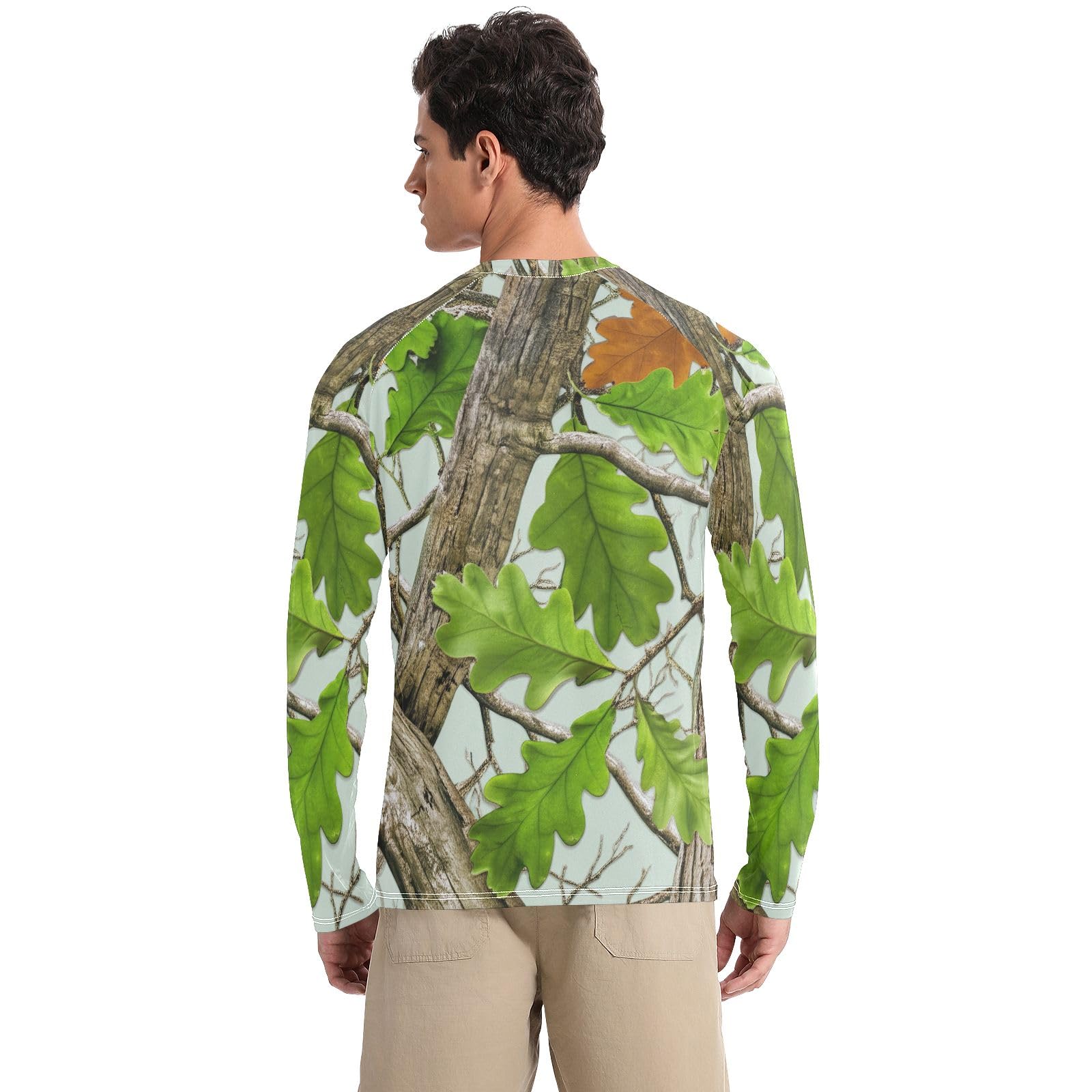 Mens UPF 50+ UV Sun Protection Men Rash Guard Long Sleeve Rash Guard for Men Quick Dry Swim Shirts, Realistic Camo Tree Branches Leaves, Large