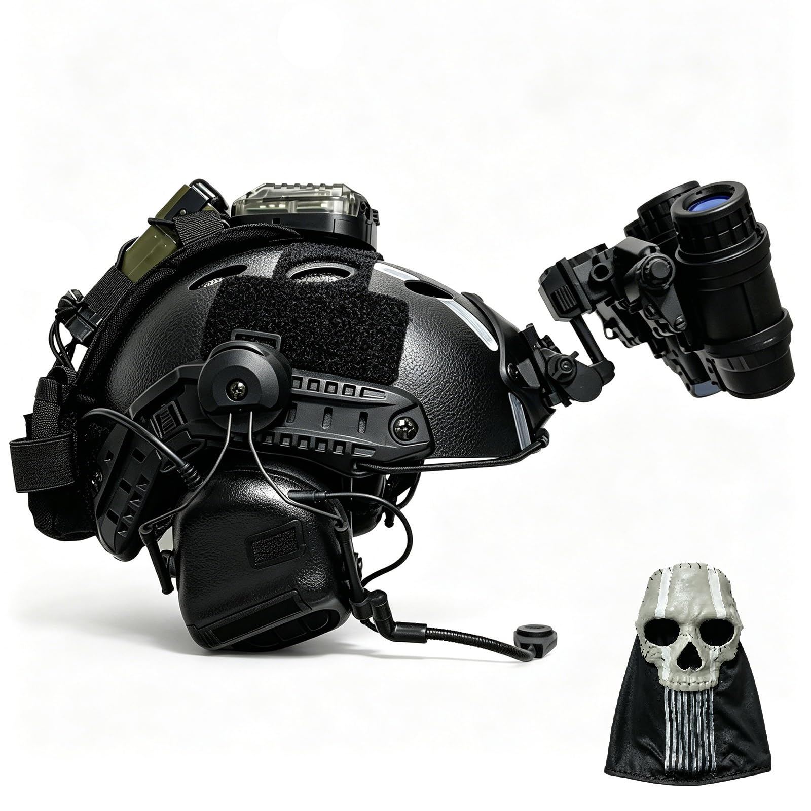 Set Casco Airsoft Ghost Skull con Cuffie, Modello NVG e Luce Coccinella, Set Tattico Completo per Airsoft, Cosplay e Esterno