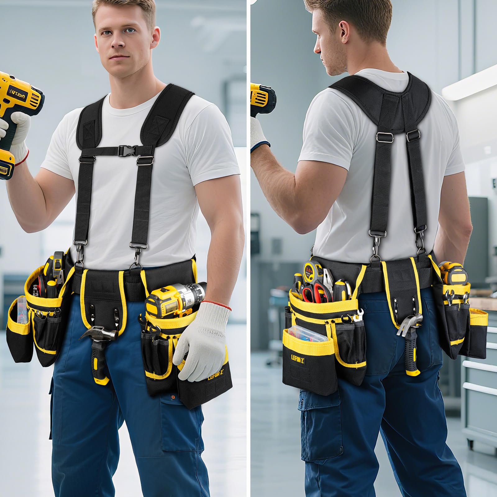Ceinture à outils avec bretelles, 27 poches, ceinture à outils robuste pour homme avec pochette à outils magnétique, sac de ceinture de travail amovible et réglable pour électricien, charpentier