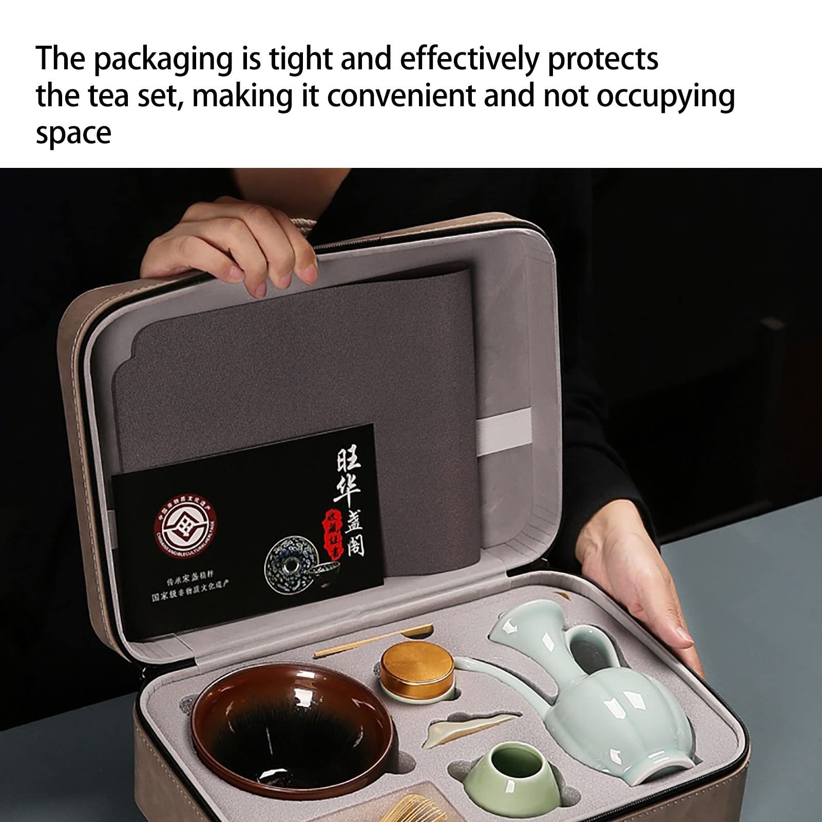 Dinastía Song Kit para Matcha Juego de 7 Piezas Cerámica Tetera de Mano Cuenco con Té en Polvo Tradicional Batidor Te Matcha Bambú Caja de Regalo para Ancianos(D-model)