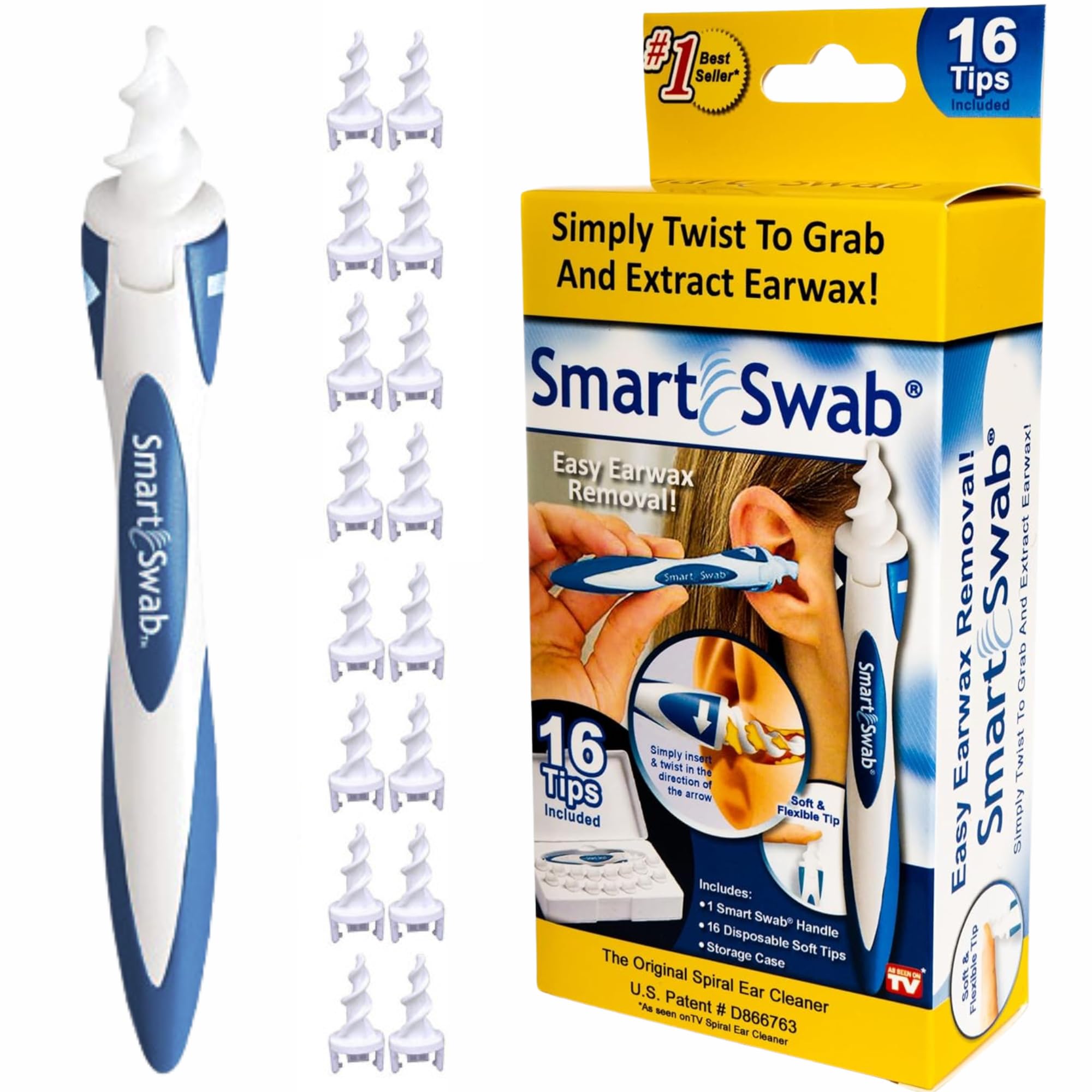 Smart Swab Spiral Ear Cleaner – Patented Reusable Ear Wax Removal Tool with 16 Soft Silicone Replacement Tips & Portable Case | Safe, Painless QGrips-Style Earwax Remover for Adults & Family