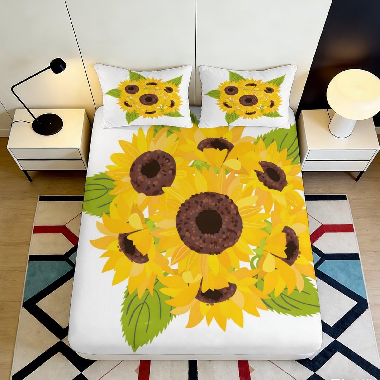 3D Printed Sunflower Bloom Fitted Sheet Microfiber Soft Yellow Floral Mattress Cover Bedroom Decor Dorm Use 200x200x25cm
