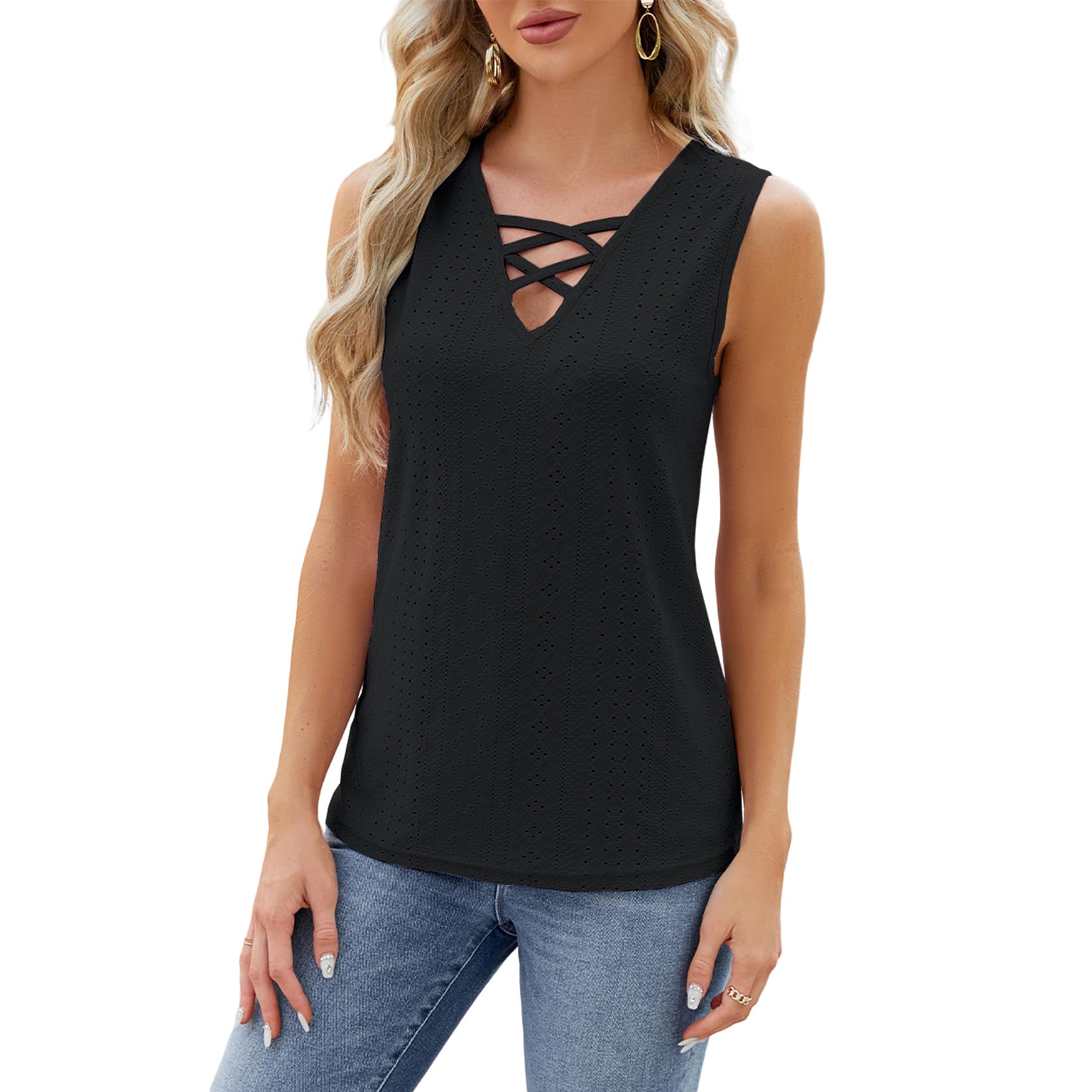 Atxnn Camiseta Sin Mangas Mujer Chaleco Cruzado de Cuello V Tank Tops de Verano Camisa Sexy de Ojales para Viajes de Fiesta
