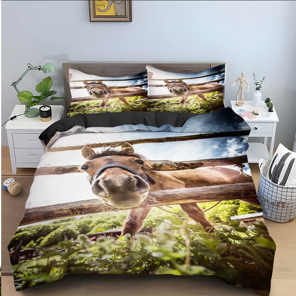 Housse de couette cheval 140x200 cm avec 2 taies d'oreiller pour lit enfant
