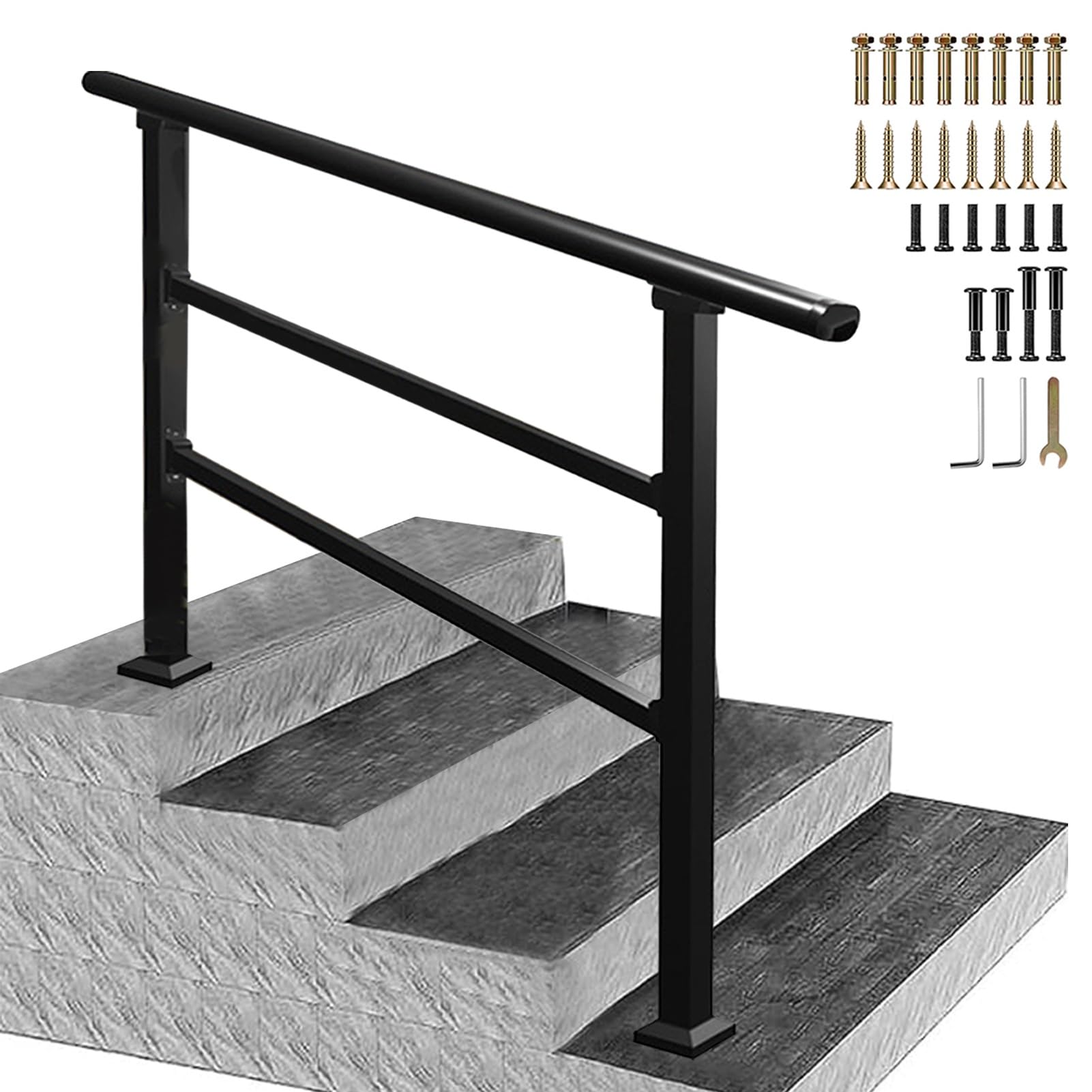 Jksyff A Stair Railing Fits 1 Or 4 Steps, Galvanized Steel Handrails, Djustable Garden Hand Rails With Installation Kit, Floor Mounted Transitional Guardrail, House Entrance Railings(,120Cm/47Inch)