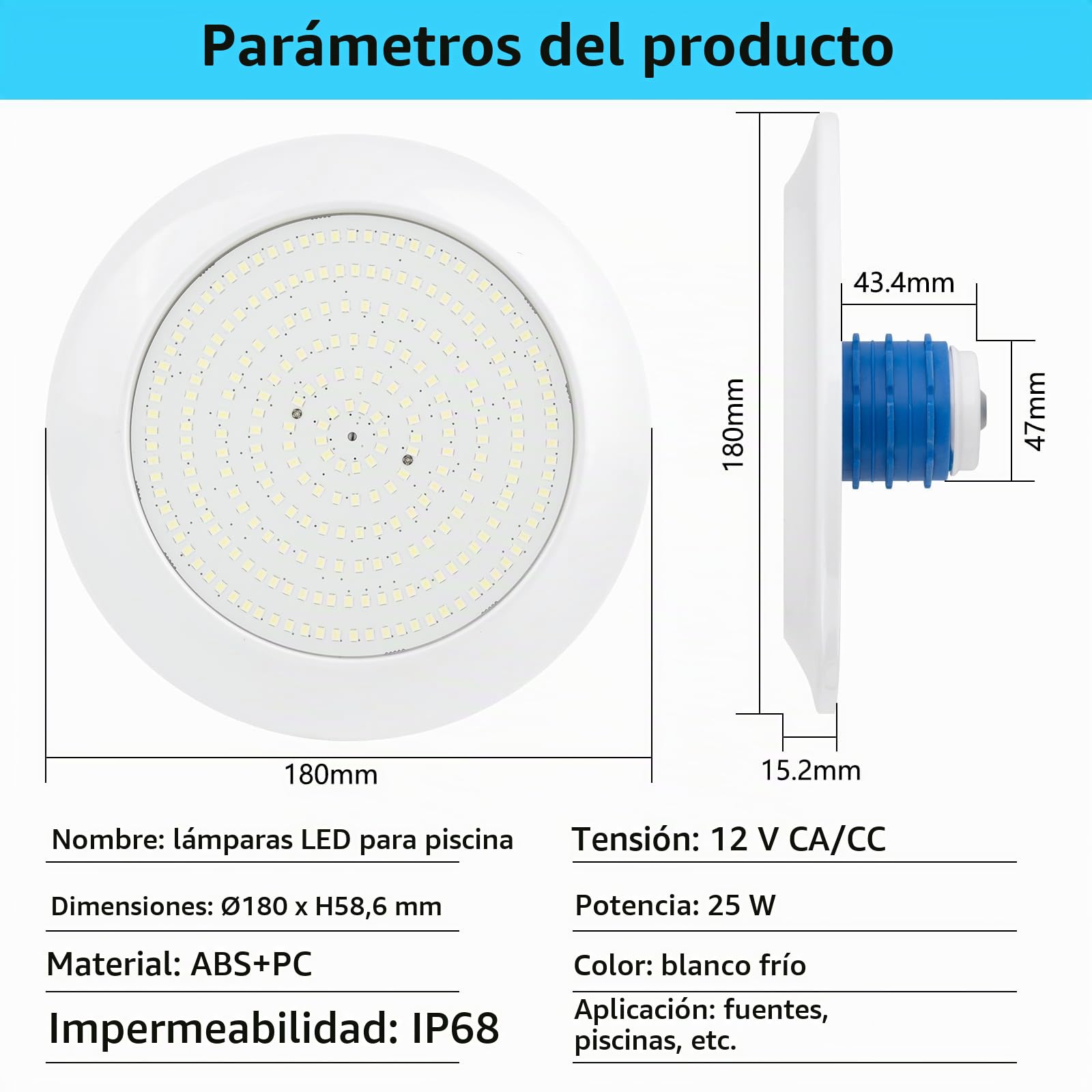 COOLWEST Foco LED Piscina con Rosca 1 1/2", 25W Proyector LED Piscina Blanco, Ø180mm, Impermeable IP68 Lámpara Sumergible para Piscinas Hormigón, 12V AC/DC, 6000K