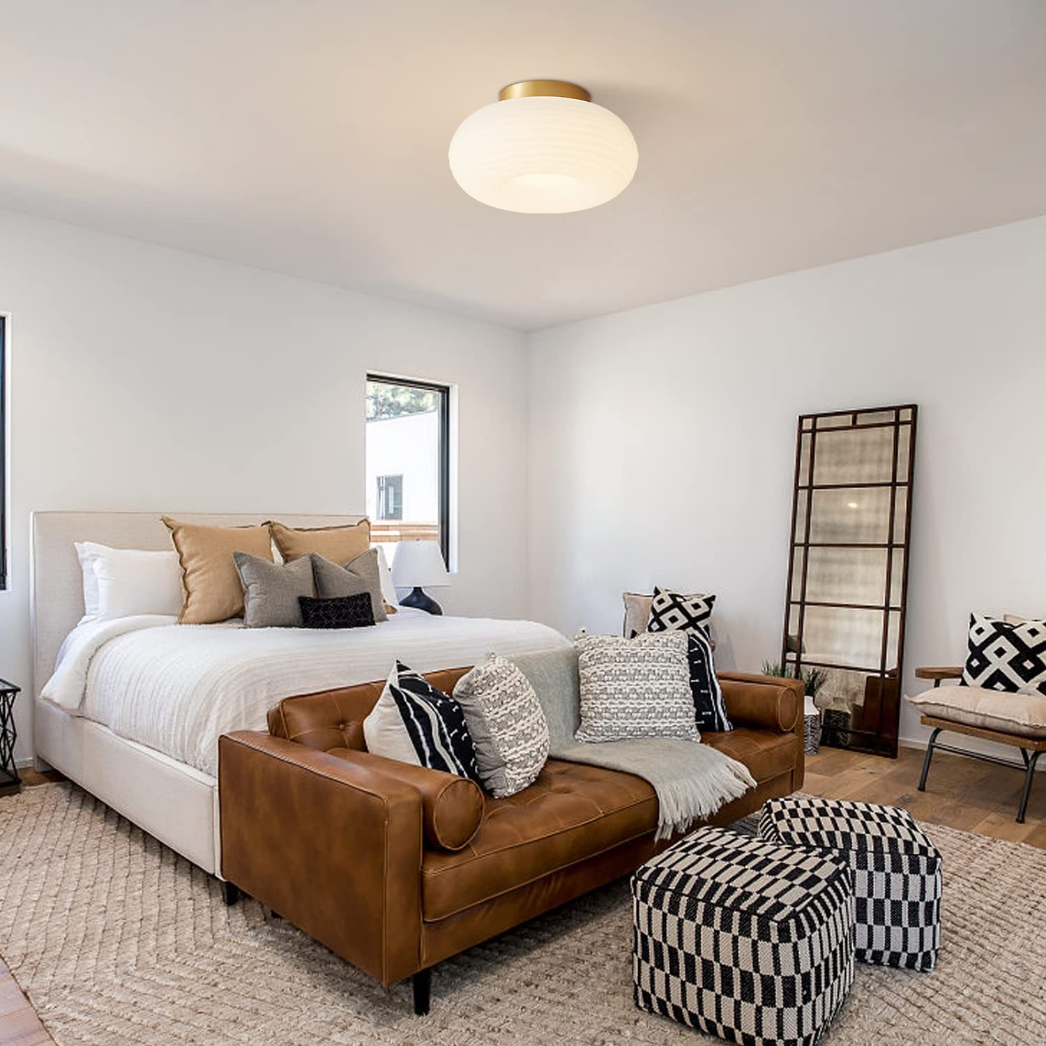 KCO Lighting Modern LED Round Flush Mount Ceiling Light Brushed Brass Hallway Semi Flush Mount Ceiling Light Gold and White Ribbed Flush Mount Ceiling Light for Bedroom Porch