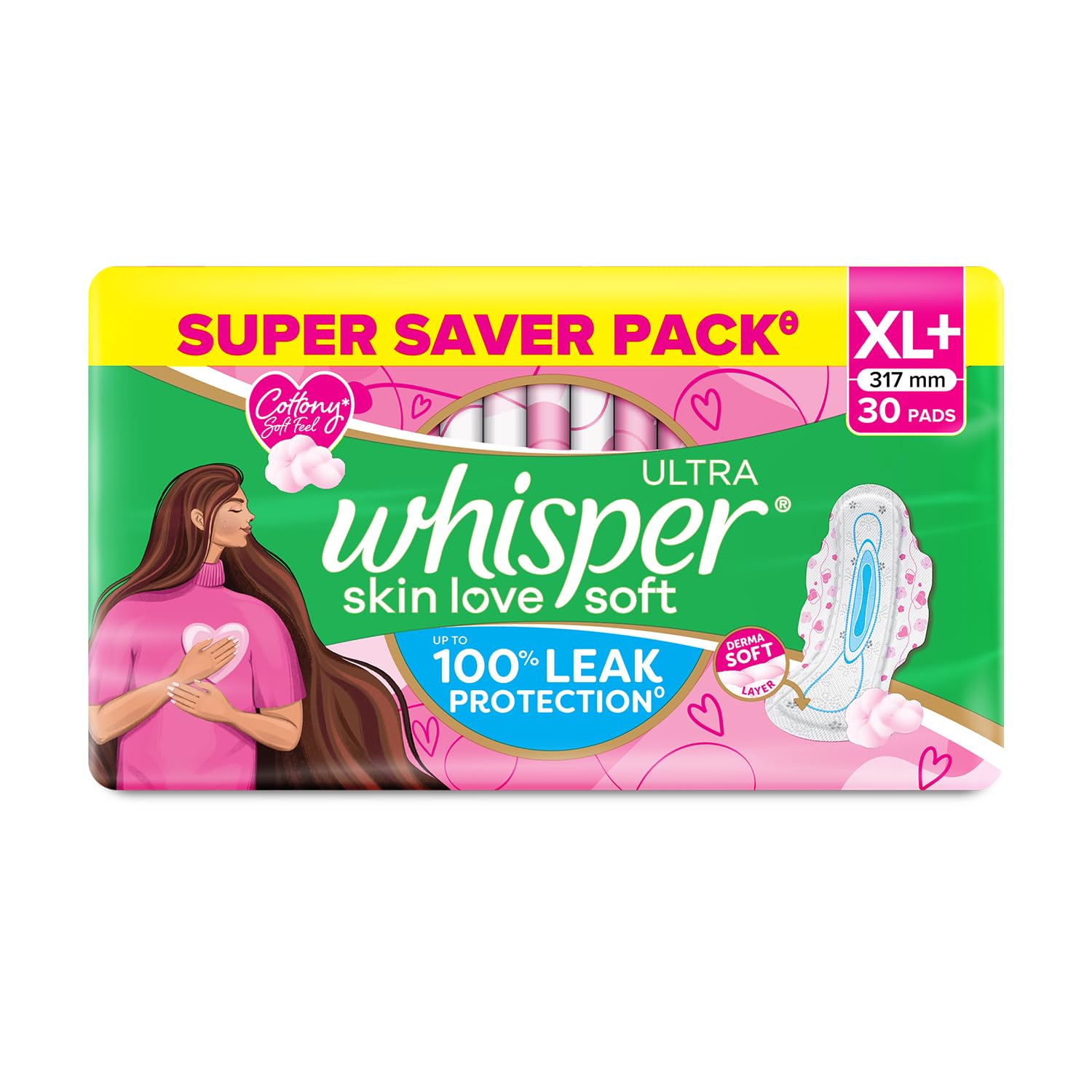 Whisper Ultra Soft Sanitary Pads for Women, XL+, Pack of 30 Napkins