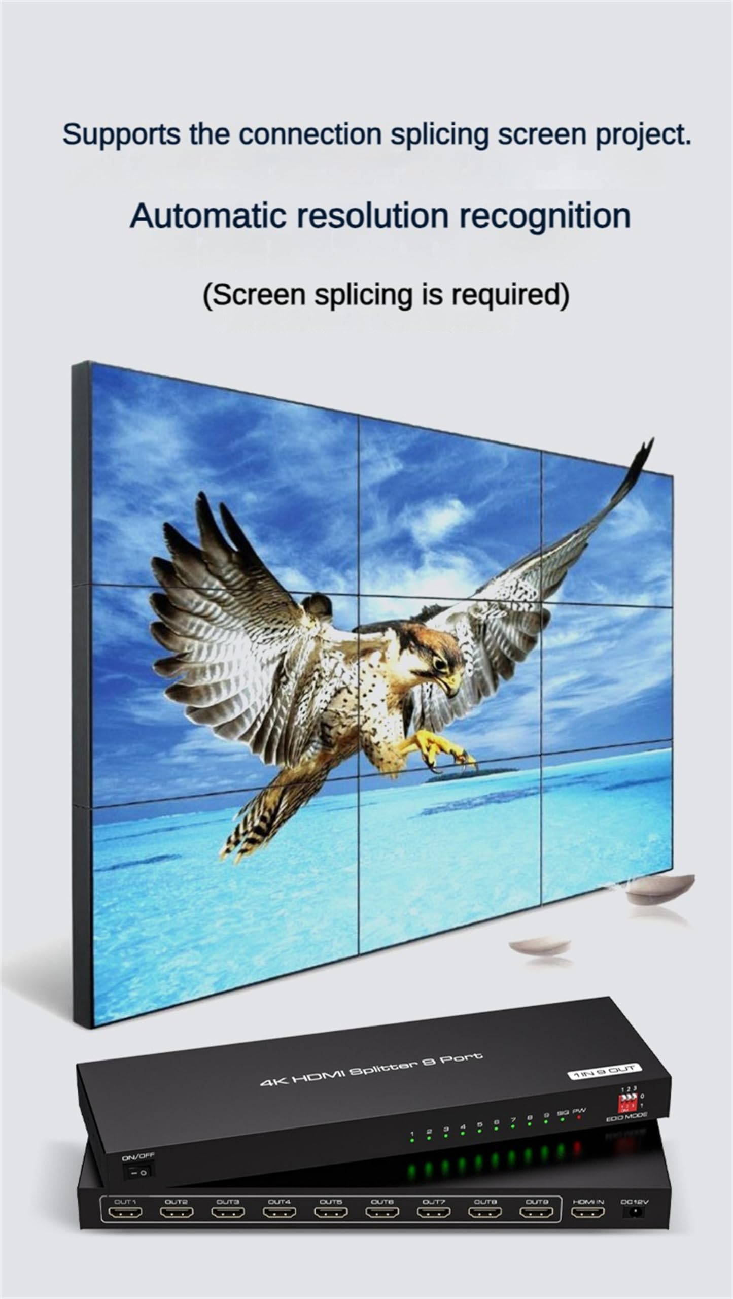 Splitter HDMI 4K 60HZ 1x 9, convertitore di splitter video 1 - in 9 - Out Display Multi - Condividi Supporta la funzione di gestione della risoluzione EDID 1 pc a Monitor multipli