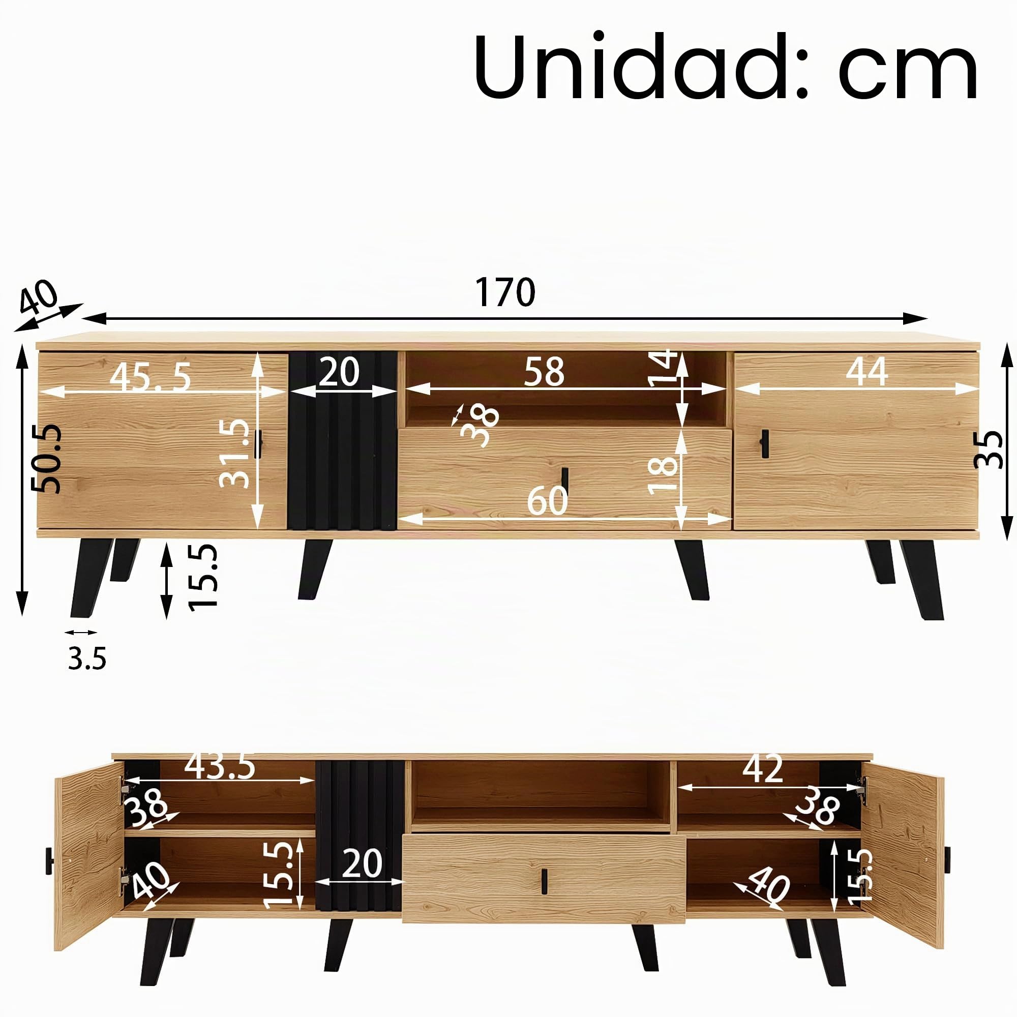 Elegancia elegante: mueble de TV de 170 cm con diseño de madera y negro, mueble de TV, mueble bajo con cajones, múltiples funciones de almacenamiento, aspecto único