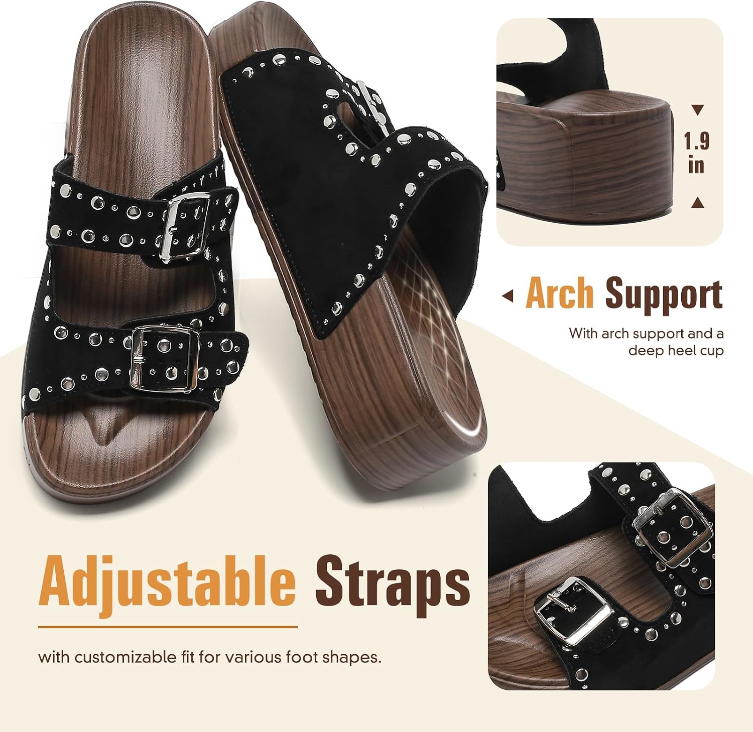 Womens Platform Sandals Comfortable Walking Slides with Double Buckle Adjustable Straps Casual Arch Support Slip On Sandals for Beach Outdoor Vacation