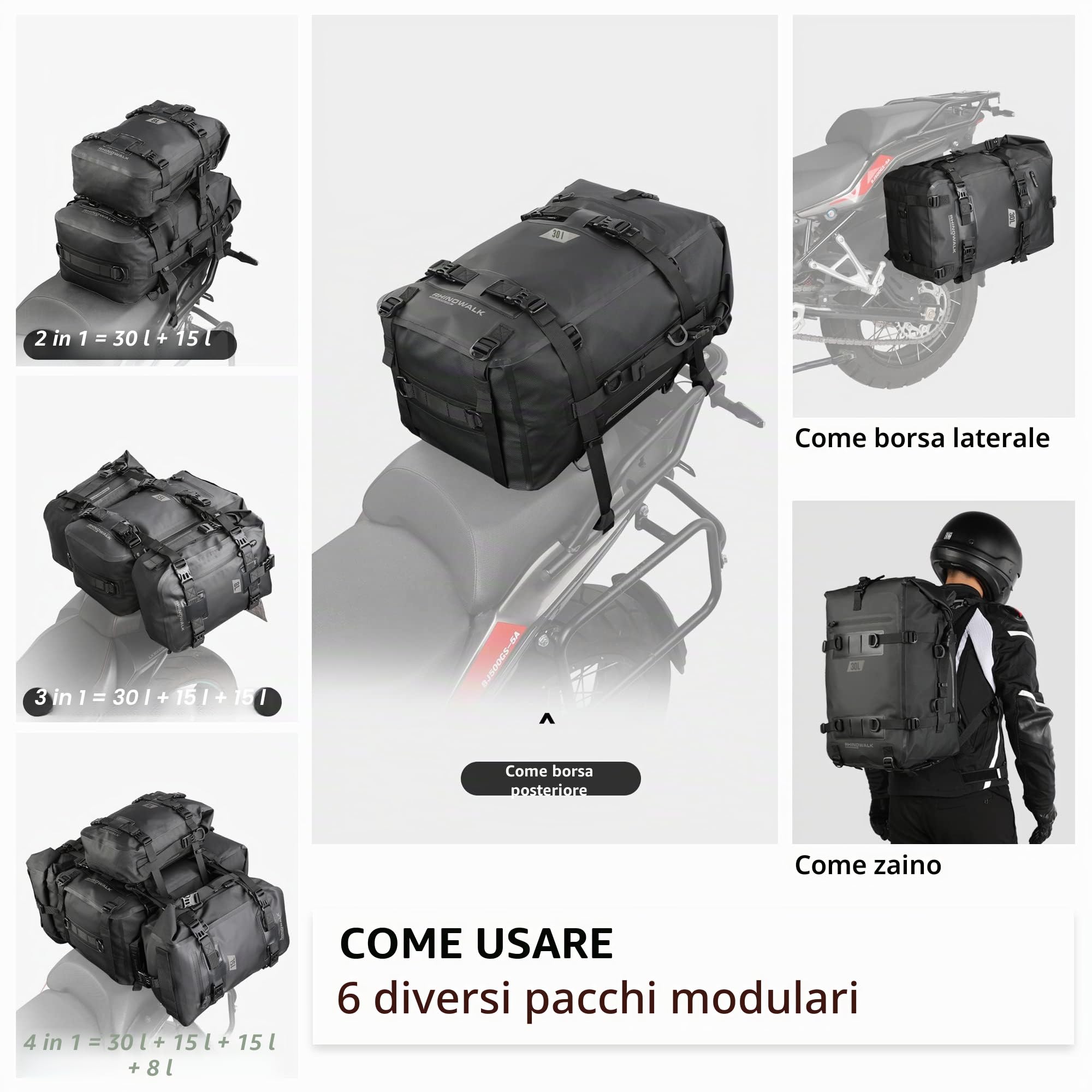 Rhinowalk Borsa da sella per moto impermeabile 8/15/30 l, borsa laterale per portapacchi posteriore, CXMT2230B