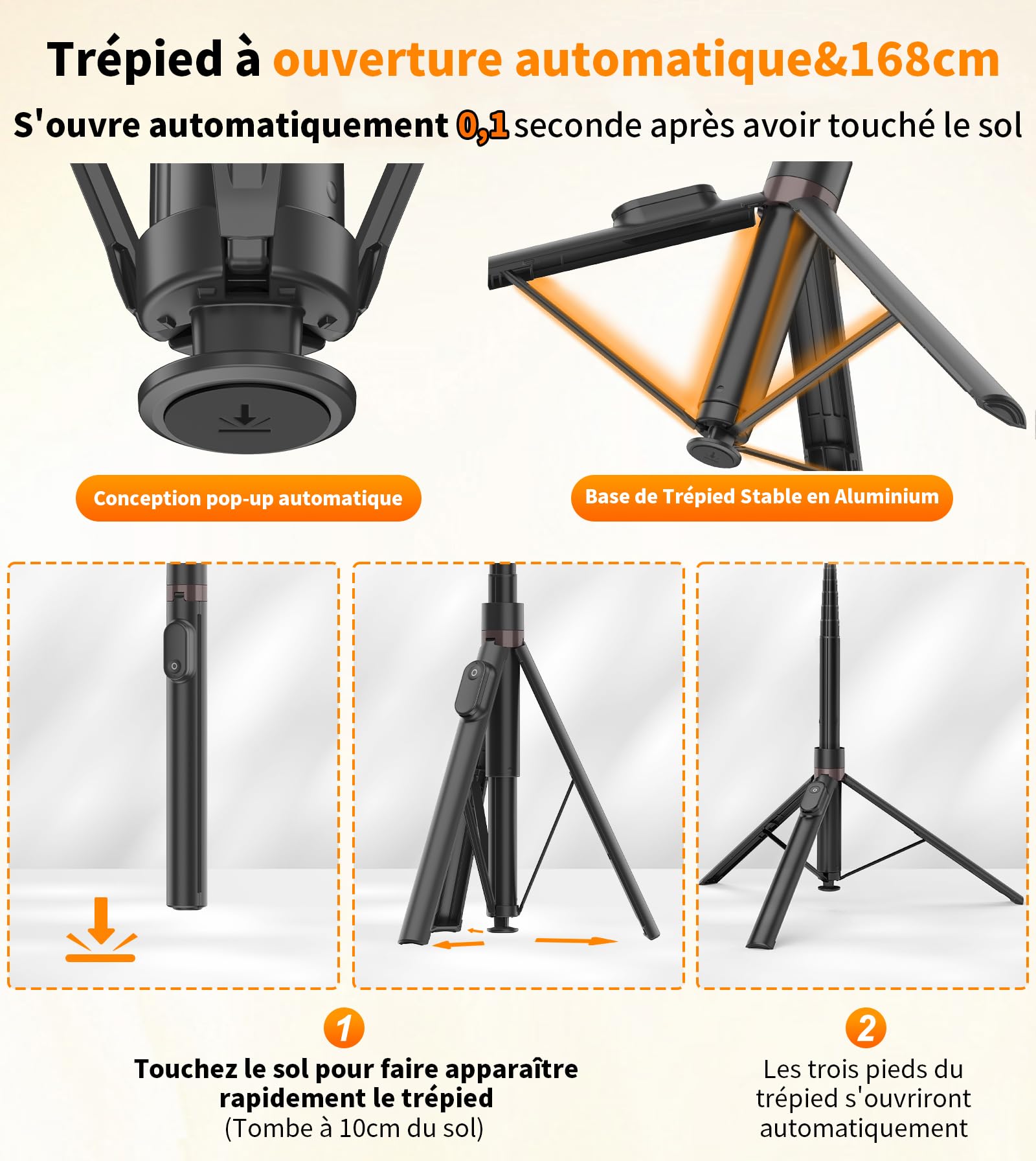 TONEOF 168cm Perche Selfie Trépied à Ouverture Automatique, Monopods Trepied Téléphone avec Télécommande Magnétique Rechargeable,Support Rotatif à 360° à 2 Axes,Trépied Stable pour iPhone/Android-Noir