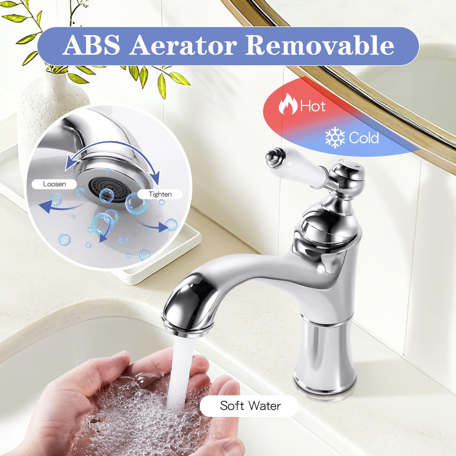Rubinetto Bagno Lavabo Cromato Monocomando Miscelatore Lavabo Bagno con Manopola in Ceramica, Aeratore Removibile, Ottone G3/8