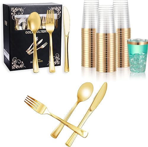 N9R 160 cubiertos de plástico dorado+ 72 vasos de plástico dorados+100 cubiertos de plástico dorado
