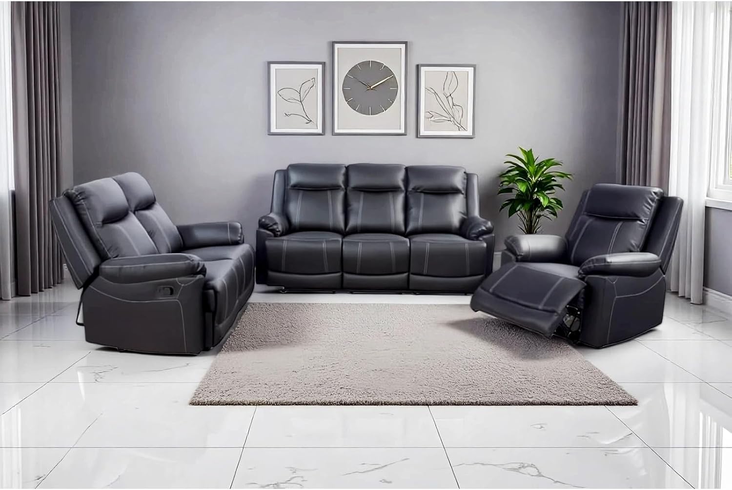 Recliner Sofa Set, Semi PU Synthetic Leather Living Room Reclining Couch with Adjustable Backrest, Modern Leather-Style Couch Set, Comfortable Reclining Seats for Home Theater, Black