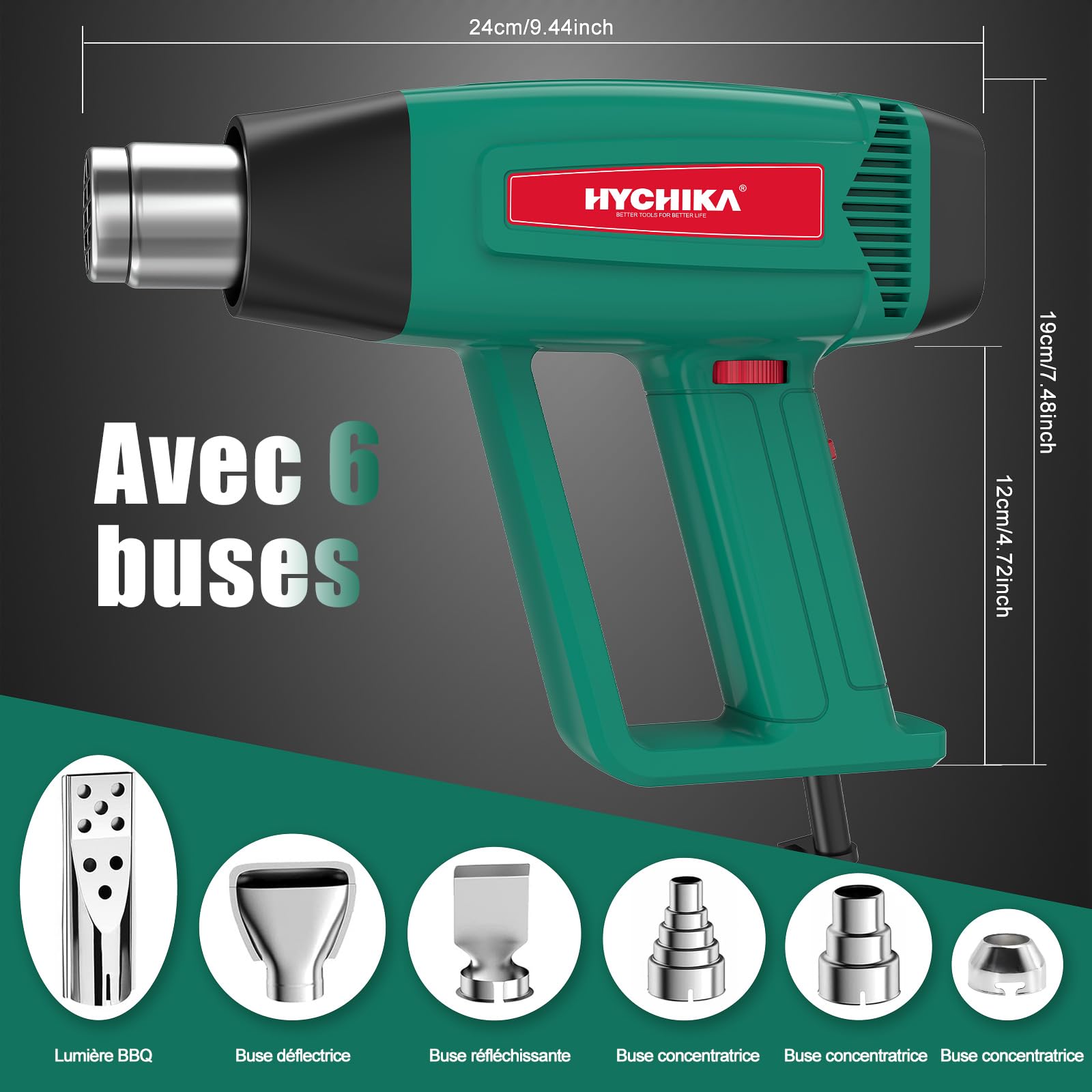 HYCHIKA Decapeur Thermique, 60℃- 600℃ Température variable en continu, Moteur en cuivre pur 1800W, Protection contre les surcharges, 6 buses pour le décapage de peinture, la thermorétraction, etc