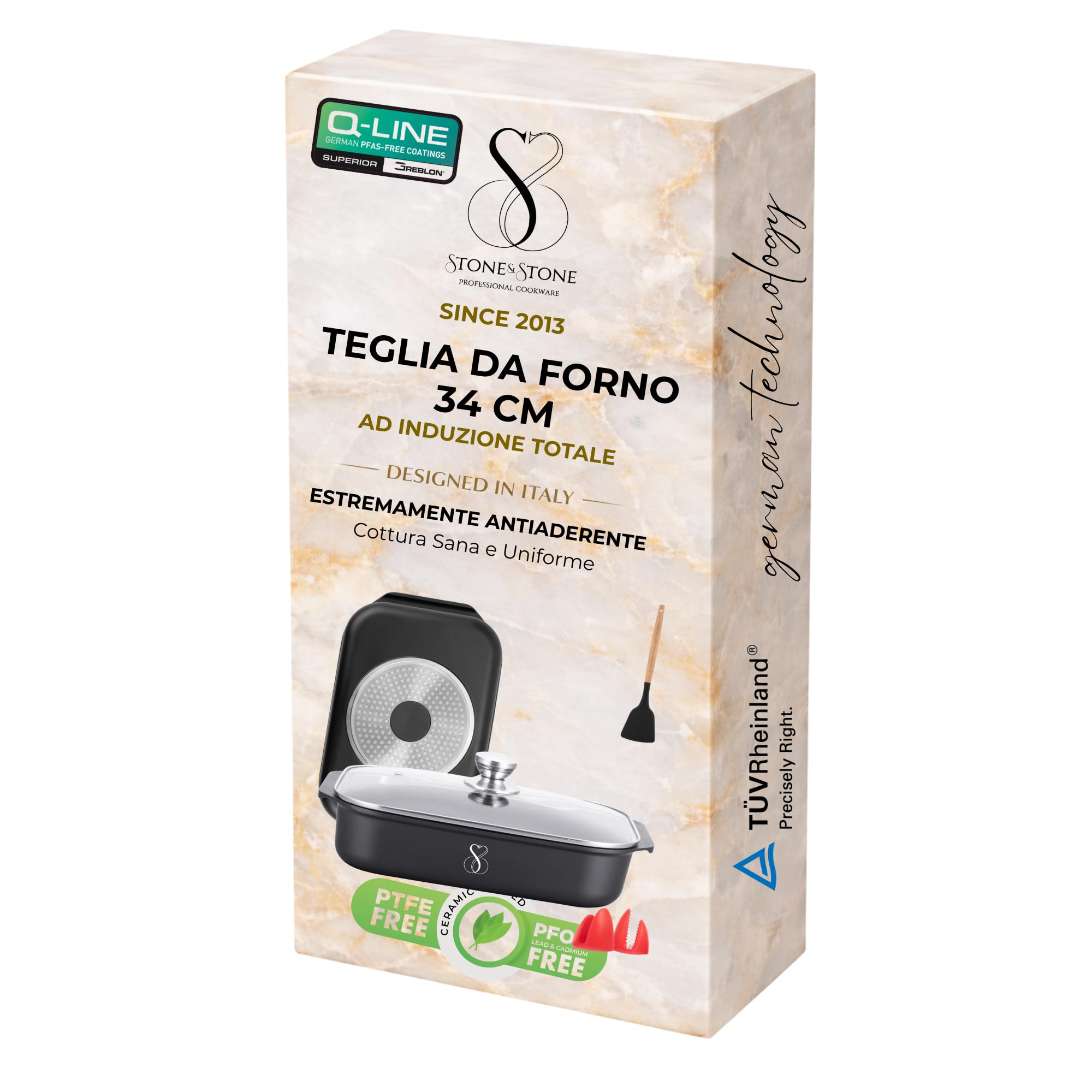 Stone&Stone Teglia Forno Rettangolare 34x8cm in alluminio | Super Antiaderente Tedesco | Pirofila Lasagnera Rostiera | Priva di PTFE - PFOA - PFAS | Induzione Gas Forno | Coperchio 2 Presine, Spatola