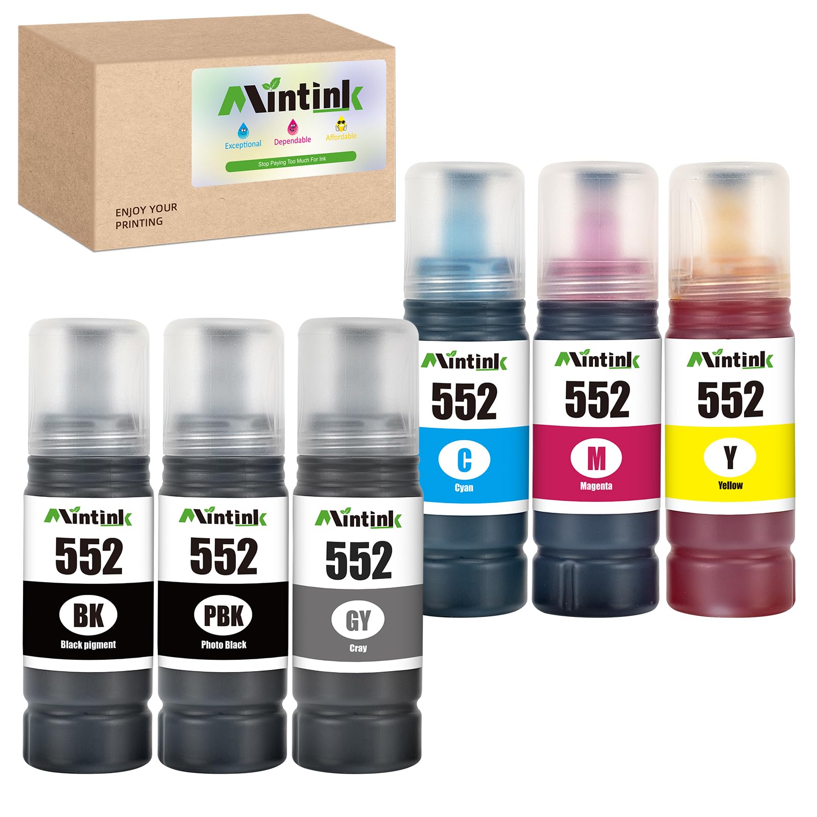 T552 Refill Ink Bottles Replacement for Epson 552 T552 T552920 Use with EcoTank Photo ET-8550 ET-8500 Printer (1 Black, 1 Photo Black, 1 Cyan, 1 Magenta, 1 Yellow, 1 Gray, 6 Pack)