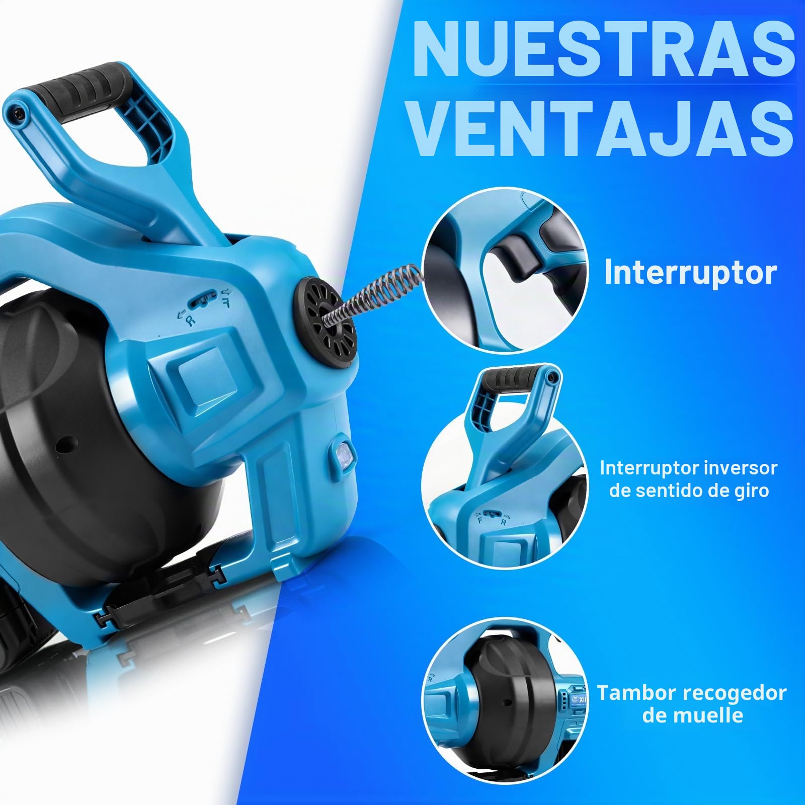 XIIW Hurón Desatascador de tuberías - 7,6 m Flexible Espiral, Delantero/Trasero, Barrera Portátil Alcantarillado [Sin batería] - Desatascar/limpiar Tubos Ø19-85 mm, con bolsa y protecciones(batería no | Máquina automática de limpieza eléctrica para tuberí