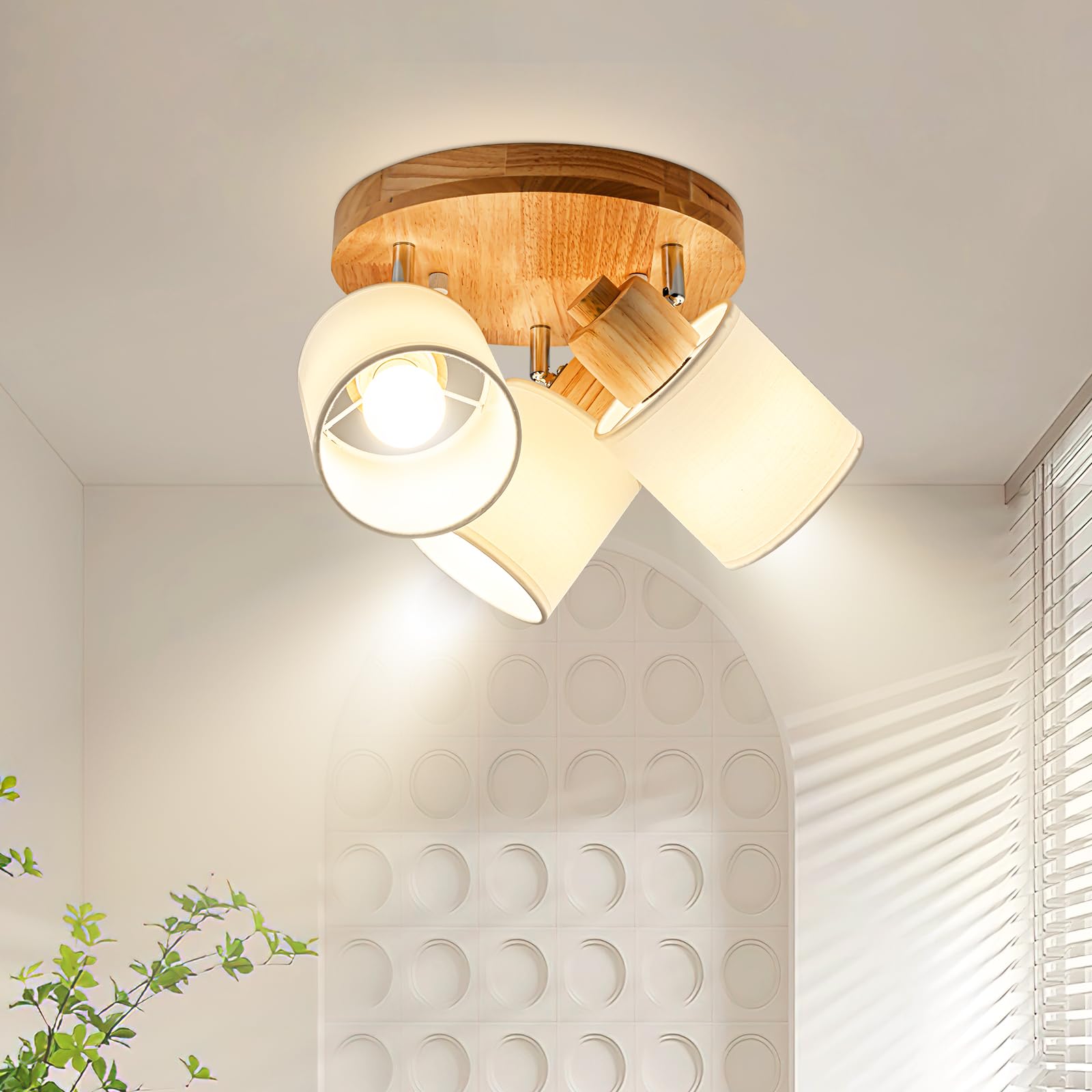 Lámpara de Techo 3 Focos Orientable Redonda, Madera Plafones de Techo E14 Plafón Foco de techo Retro Aplique Pared Interior Giratorios Para Cocina Pasillos Salón Dormitorios, Sin Bombilla