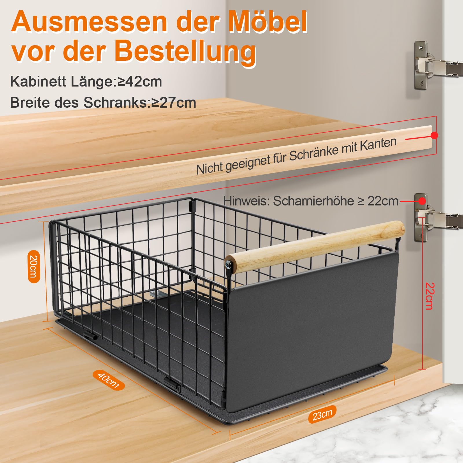 2 Artikel Ausziehbare Schublade Küche, Hochwertiger Karbonstahl Ausziehbarer Schrank Organizer, Ultraleise Teleskopschublade, 40cm x 23cm x 20cmGeeignet für Küche, Bad, Speisekammer