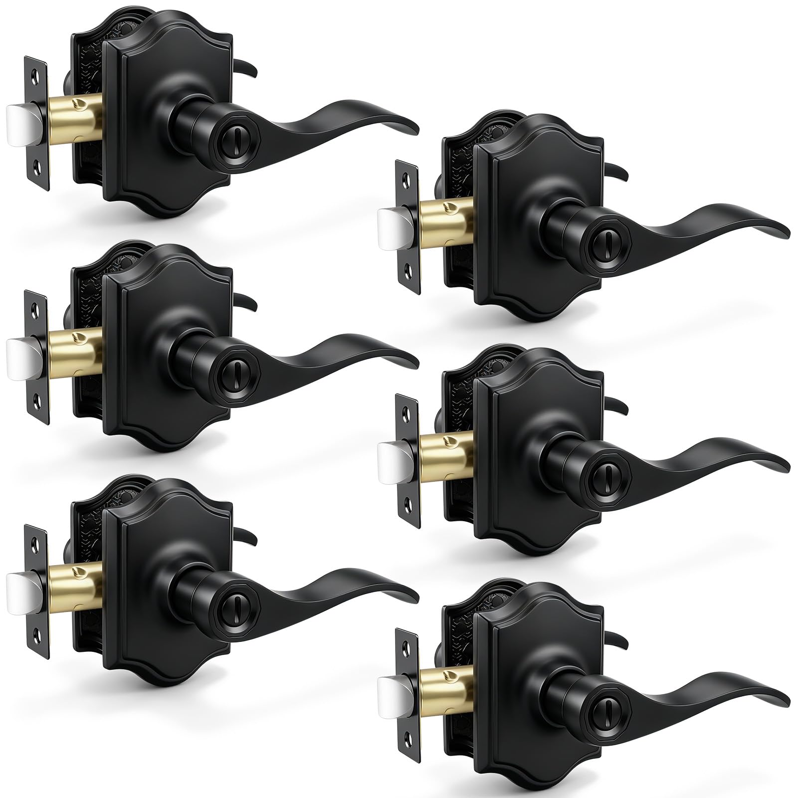 Probrico 6 Pack Privacy Door Handle,Matte Black Door Lock,Vintage Style Reversible Door Lever with Adjustable Latch,Easy Installation Interior Door knob for Bedroom/Bathroomm,Keyless