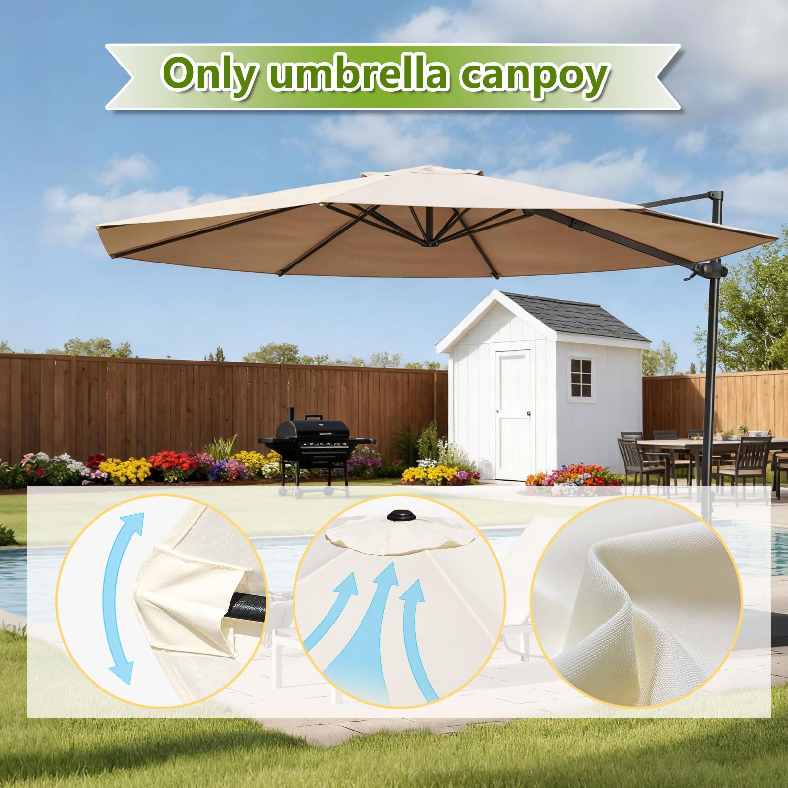 Housse de rechange pour parasol déporté 3.0m 3.5m Toile De Remplacement Parasol De Terrasse 8 Baleines Rond Imperméable