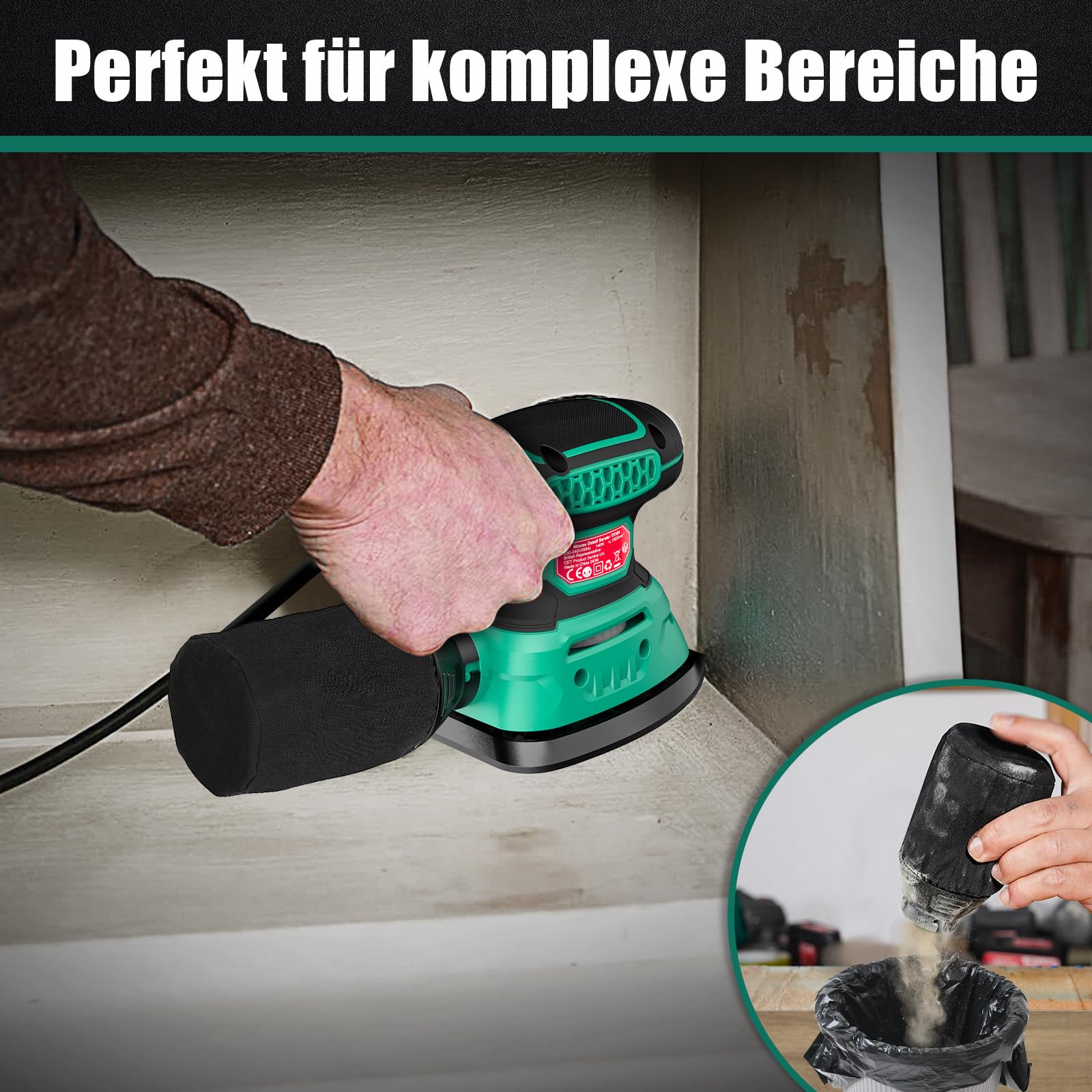 HYCHIKA Ponceuse Bois 140W, 13000 OPM Ponceuse avec dépoussiérage efficace, avec 12PCS papier de verre, idéal pour poncer le bois et enlever la rouille et la peinture
