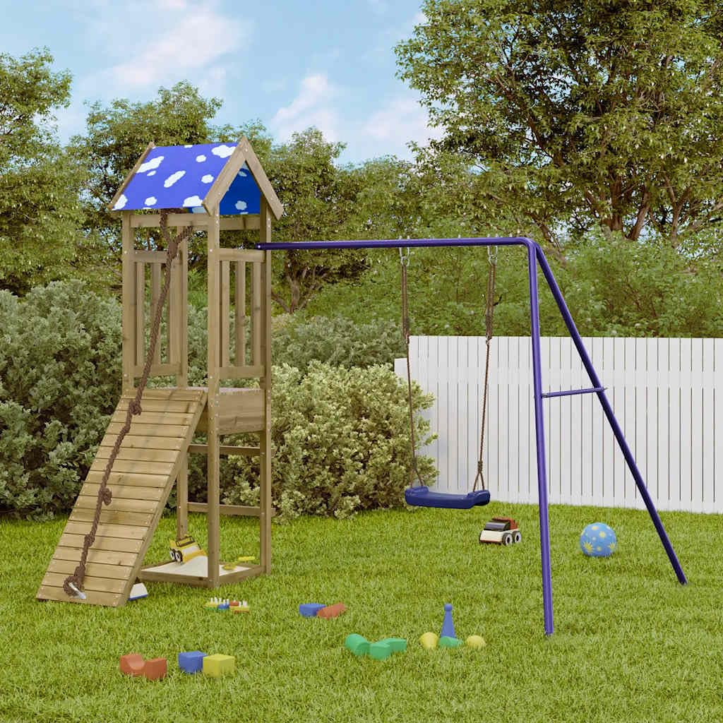 Torre de juegos de madera de pino impregnada con columpio, estructura de escalada, caja de arena y tobogán, casa de juegos al aire libre para niños en el jardín, resistente estructura de