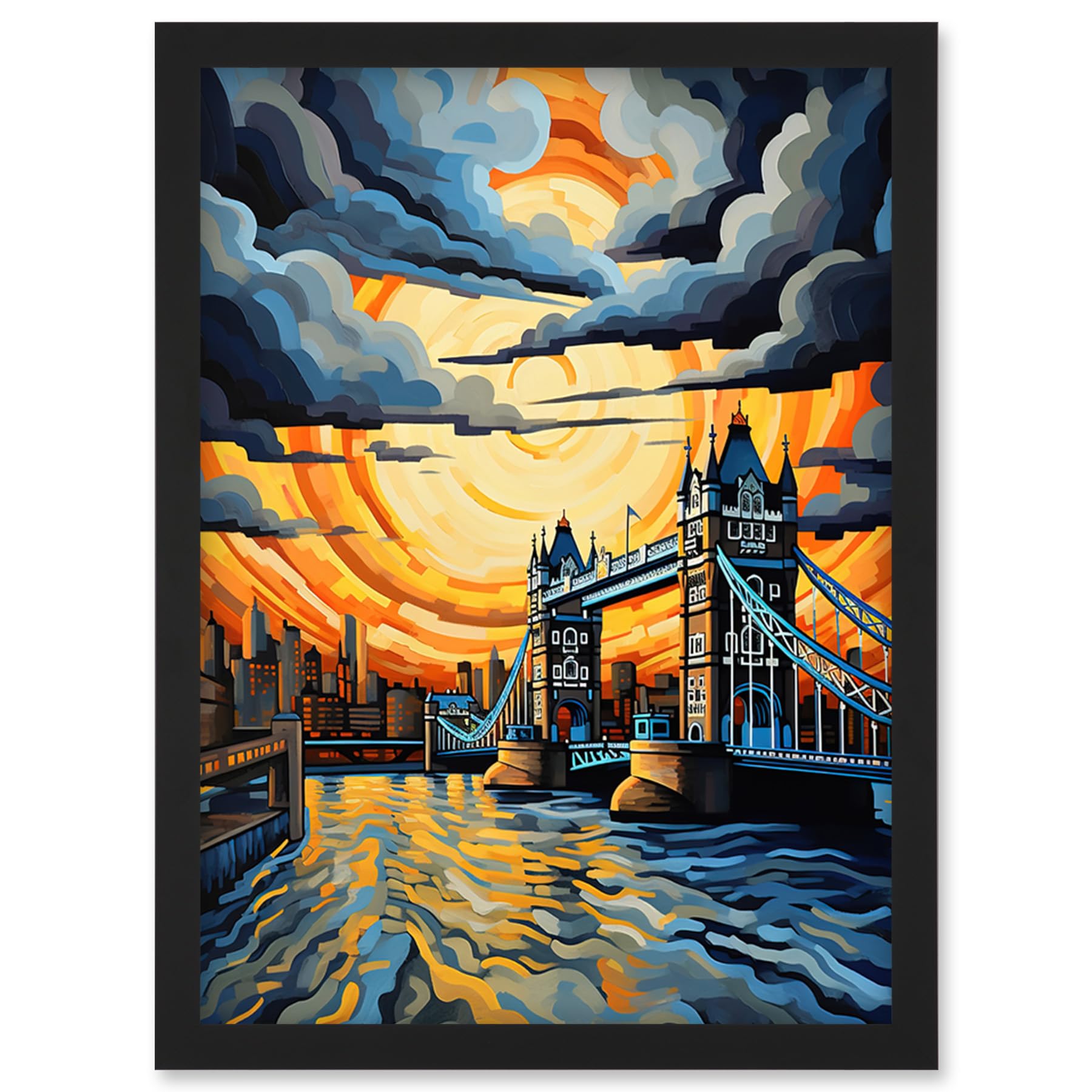 Artery8 London Tower Bridge Dramatic Sunset Vibrant Artwork Blue Orange River Thames England Cloudy Sky Artwork Framed Wall Art Print A4