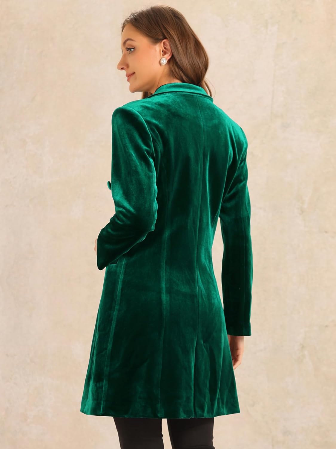 Allegra K Velvet Coat for Women's Lapel Double-Breasted Long Outerwear Winter Coats - Image 2