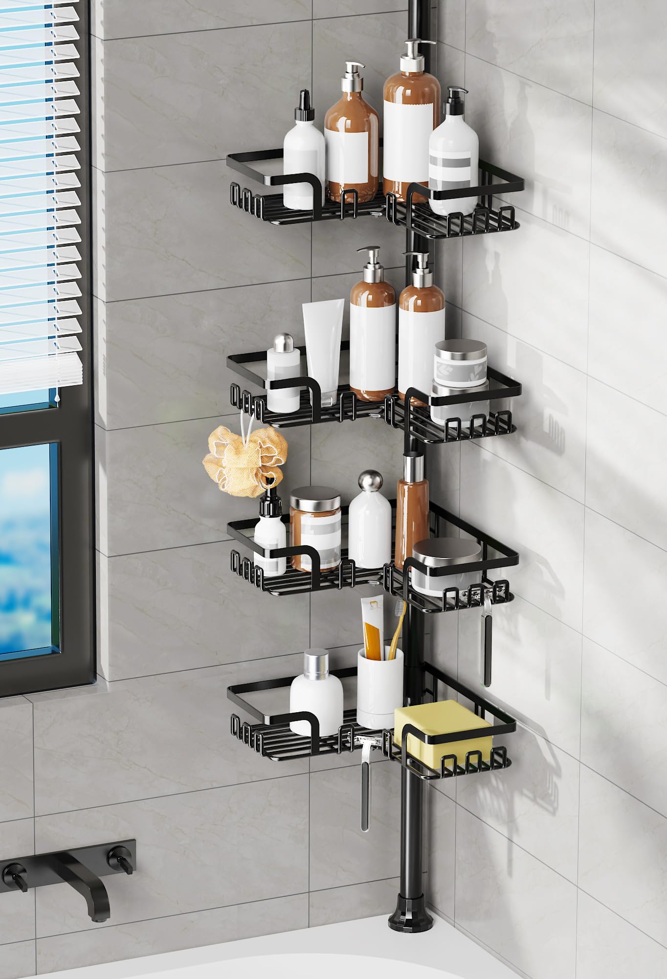 KEGII Telescopic Shower Caddy - Corner Shower Shelf Bathroom Corner Storage Bath Organizer Caddy without Drilling, 4 Basket Black