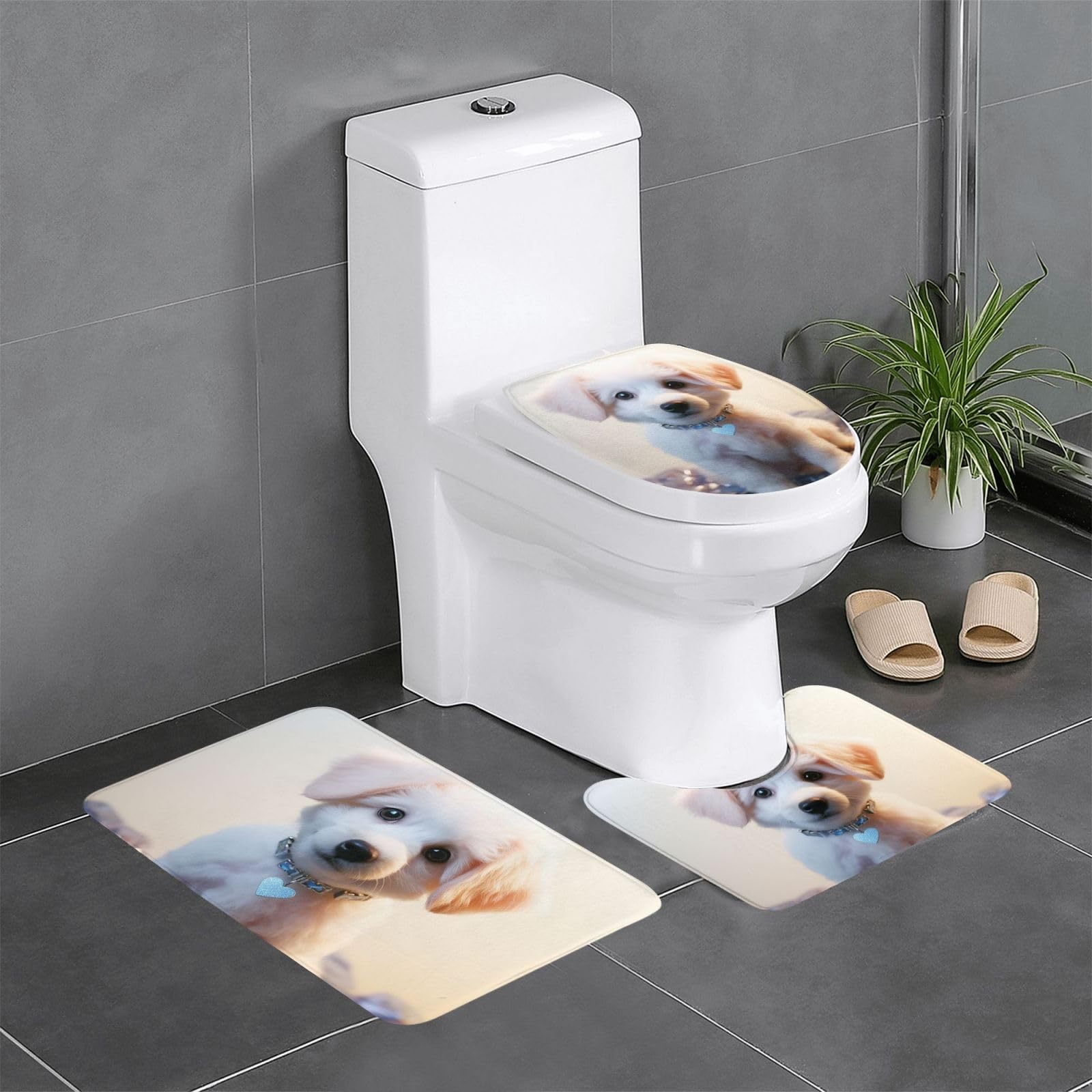 Tapis de bain chien diamant durable 3pcs housse abattant douche chambre
