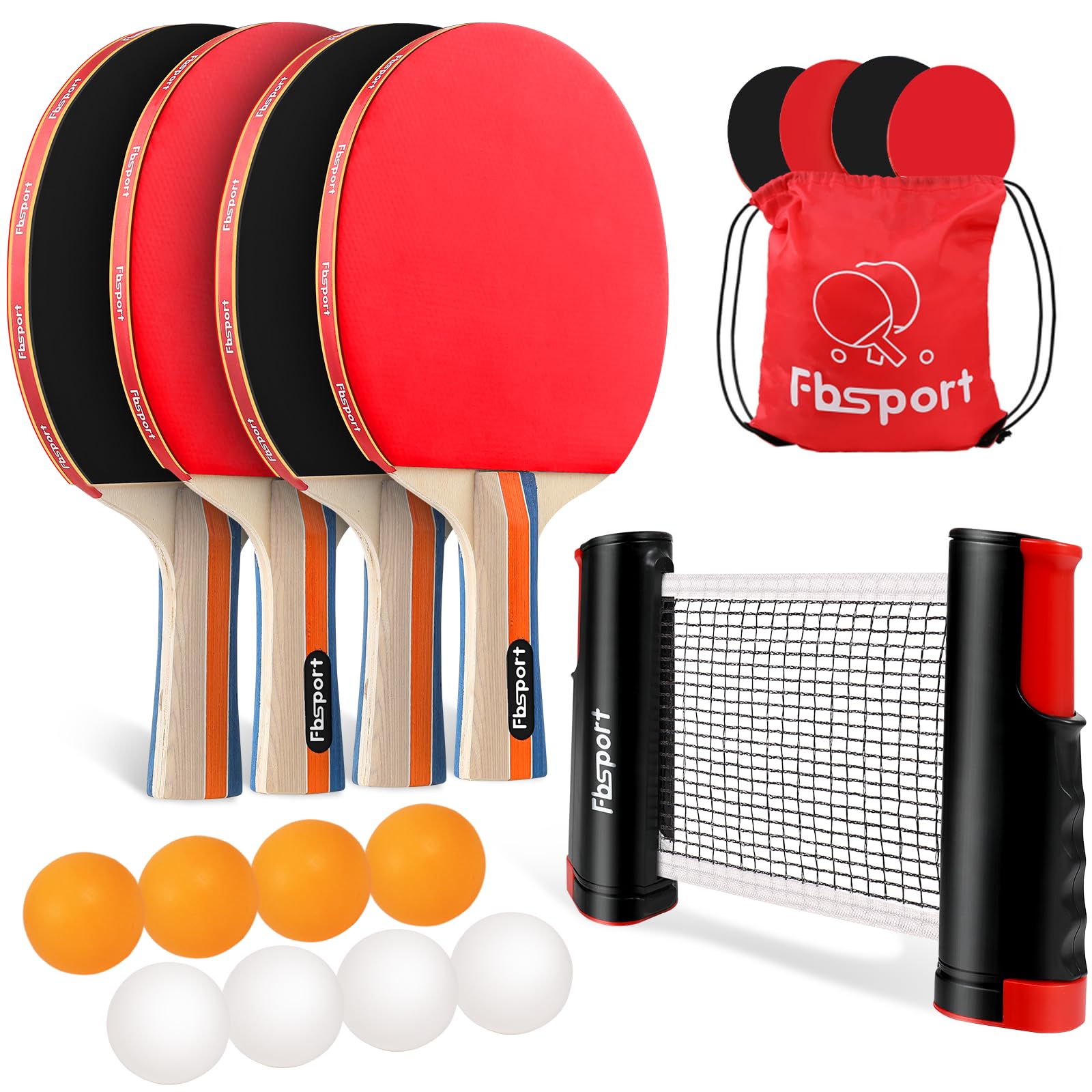 Ping Pong Paddle Set, Table Tennis Set with 4 Rackets and 8 Balls, Retractable Net with Storage Bag - Pingpong Paddle Accessories for Indoor/Outdoor Games