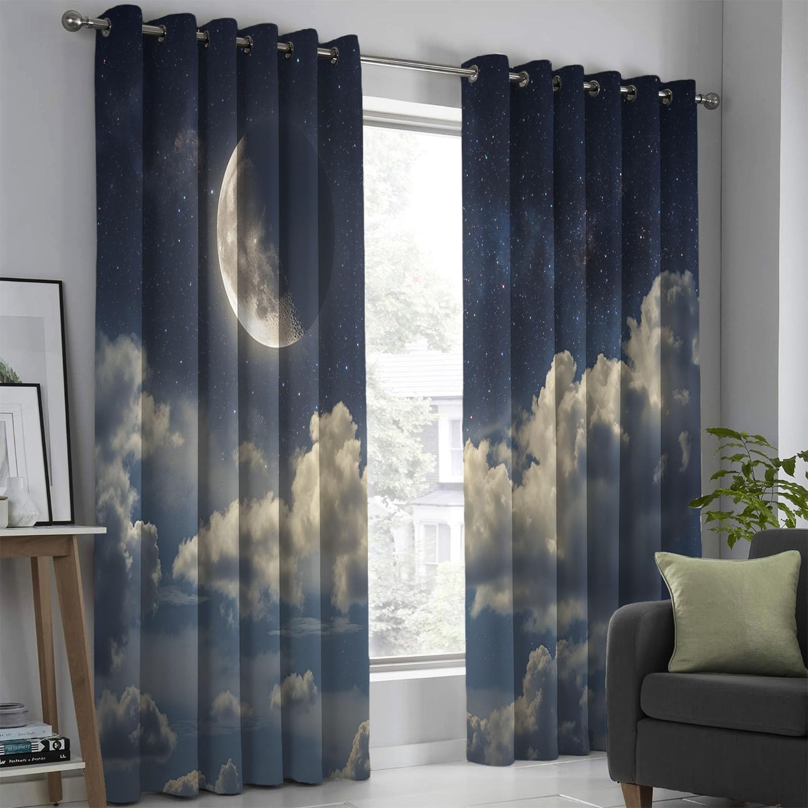 Rideau occultant nuages du ciel nocturne 140x175 cm, lot de 2 rideaux isolants à œillets