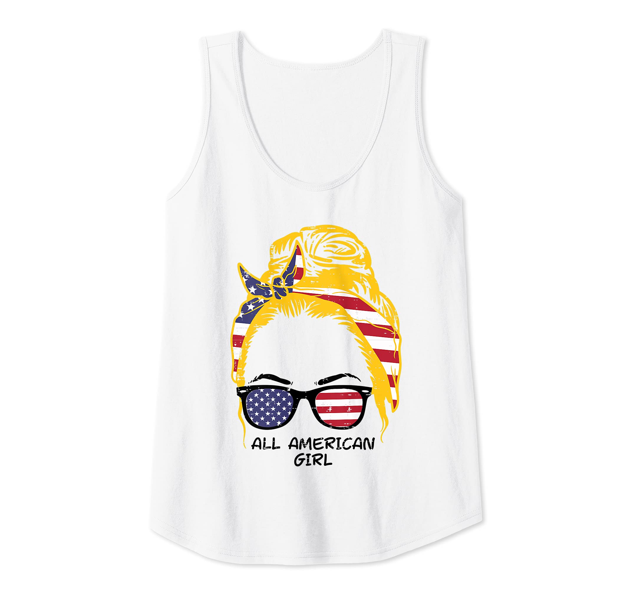 Womens All American Girl Blonde Hair Bun US Flag 4th Of July Women Tank Top, White