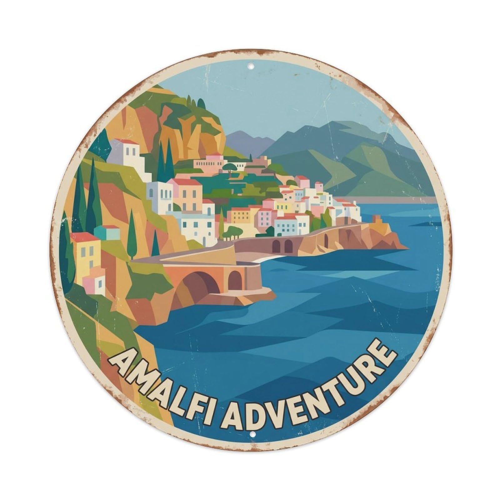Retro Italy Seaside Mediterranean Vista Travel Panorama Metal Tin Sign Plaque Wall Decor for Cafe, Man Cave, Club Bar, Office, Home Garden Round Metal Poster 8x8Inch