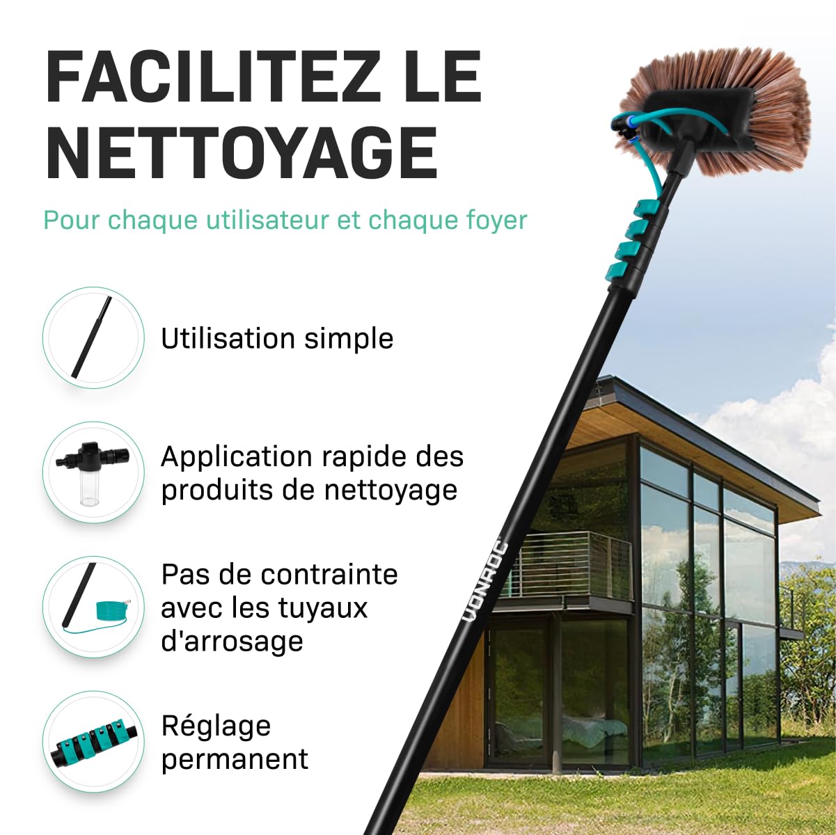 VONROC Brosse de Lavage Télescopique 6,5 m avec Arrivée Eau – Kit Complet 2 en 1 Nettoyage Panneaux Solaires, Vitres, Façades