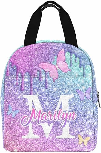 Miniatura 2 de InterestPrint Lonchera personalizada con nombre para niños, hielera de mariposa con purpurina personalizada, bolsa de almuerzo reutilizable para