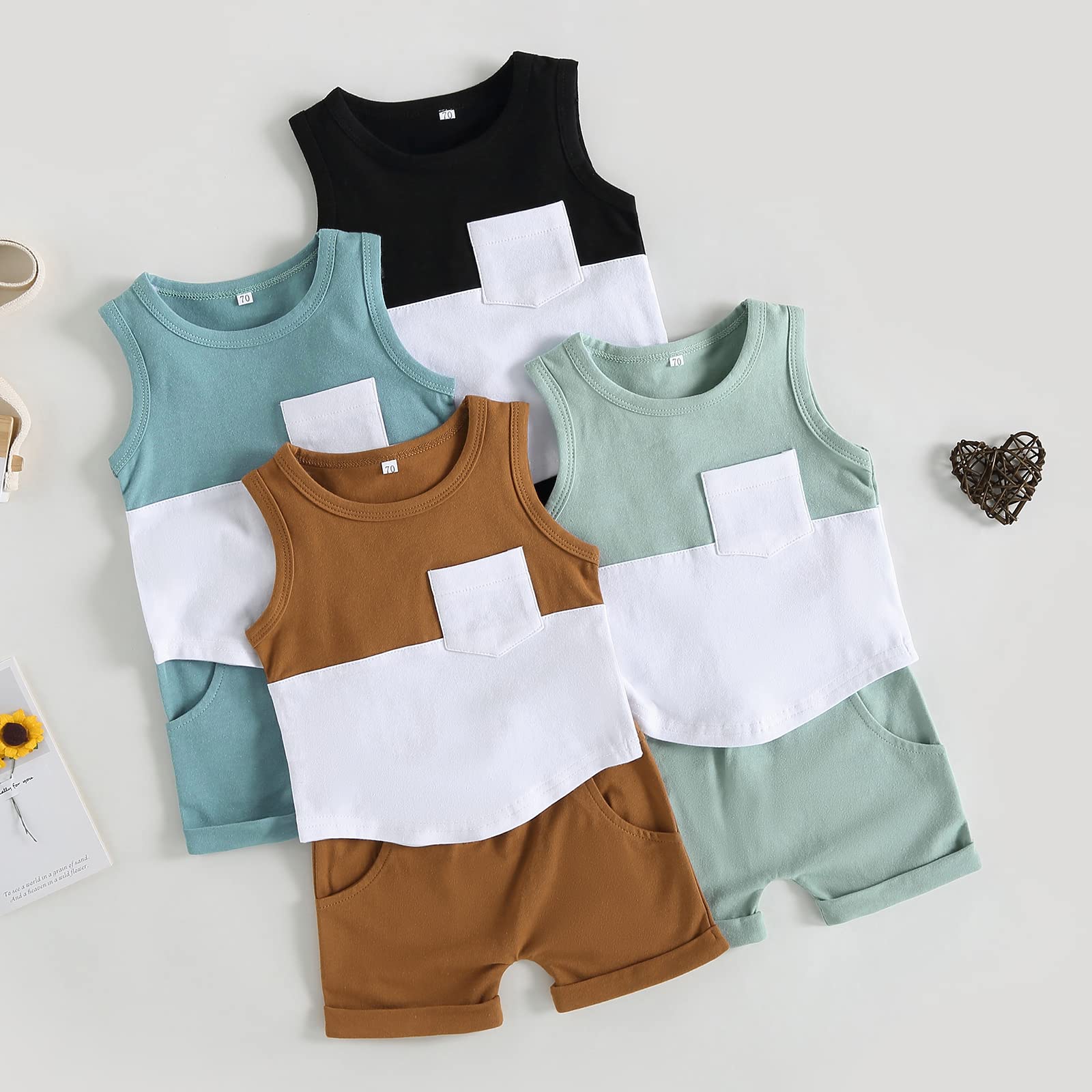 LIOMENGZI Infant Baby Boys Summer Clothes Sets Outfit Color Block Short Sleeve Tank Top Boys Shorts Cute Summer Outfit Set