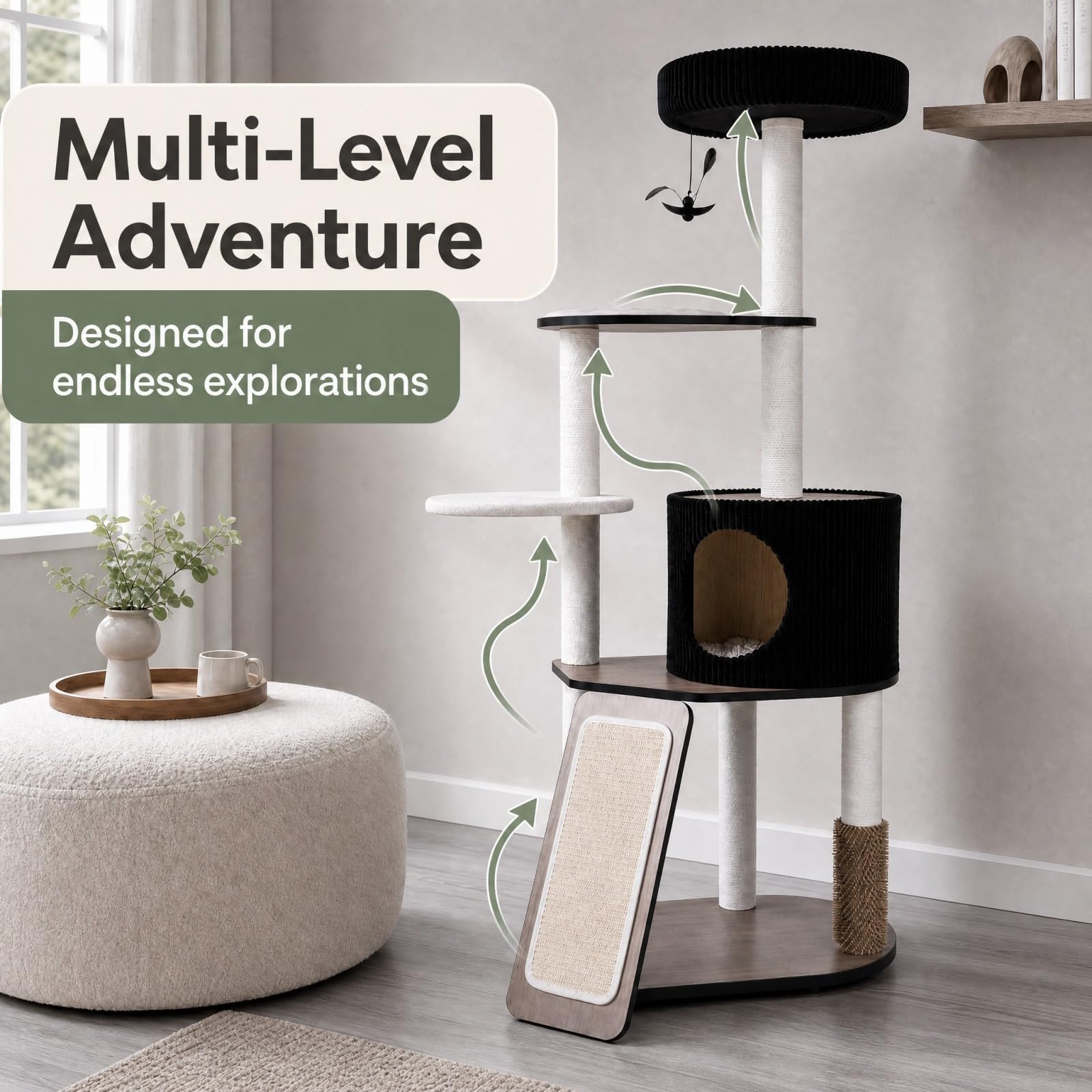 GOPLUS 155 cm Gran Torre de Gatos Multinivel con Postes Rascadores y Rampa | Árbol Rascador para Gatos con Casita, Percha Mullida, Plataformas y Juguete Colgante, Centro de Actividades para Gatitos