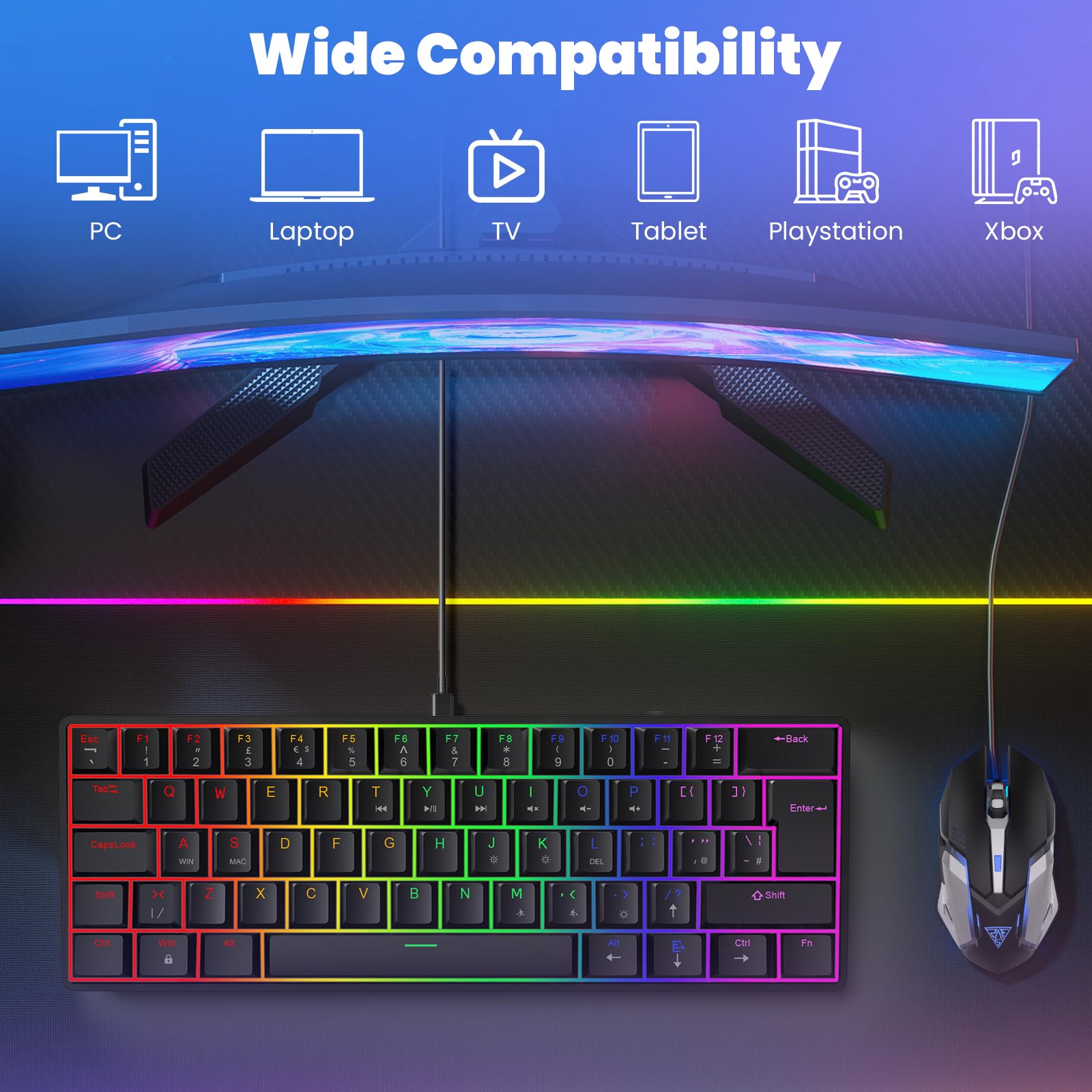 LAMA Combo clavier et souris mécaniques à 60 % pour les jeux, disposition britannique, 61 touches