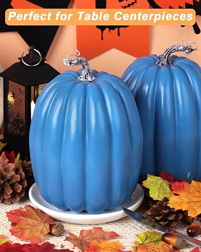 Miniatura 5 de vensovo 2 calabazas de plástico azul de 8 pulgadas para decorar  Calabazas artificiales grandes de espuma para decoración de otoño, Halloween,