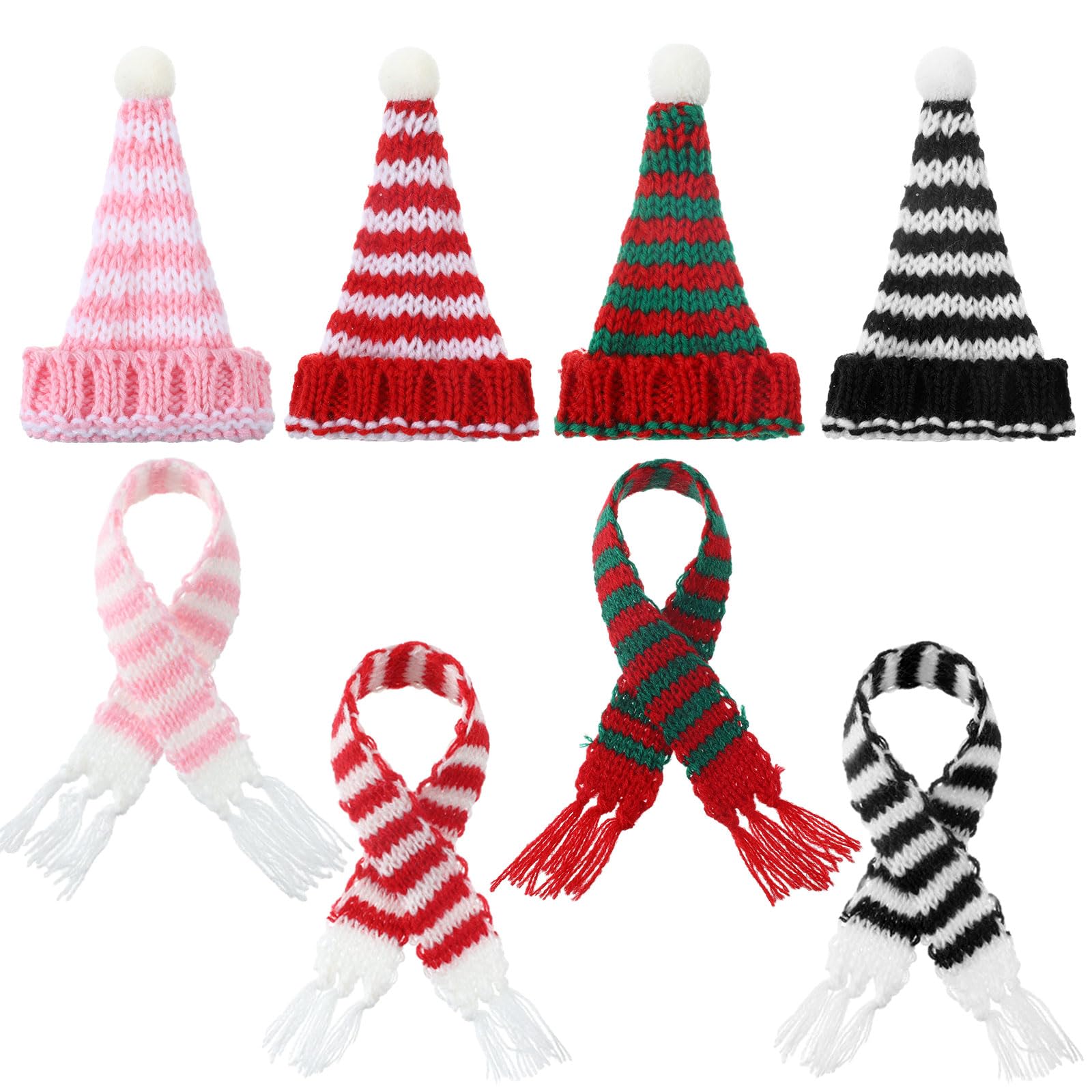 Geyoga 8 Pcs Mini Santa Hats and Scarves Decor Doll Christmas Accessories Small Gnome Hat for Craft DIY for Wine Bottle Gifts(Pink, White, Red, Green, Black,Elegant)